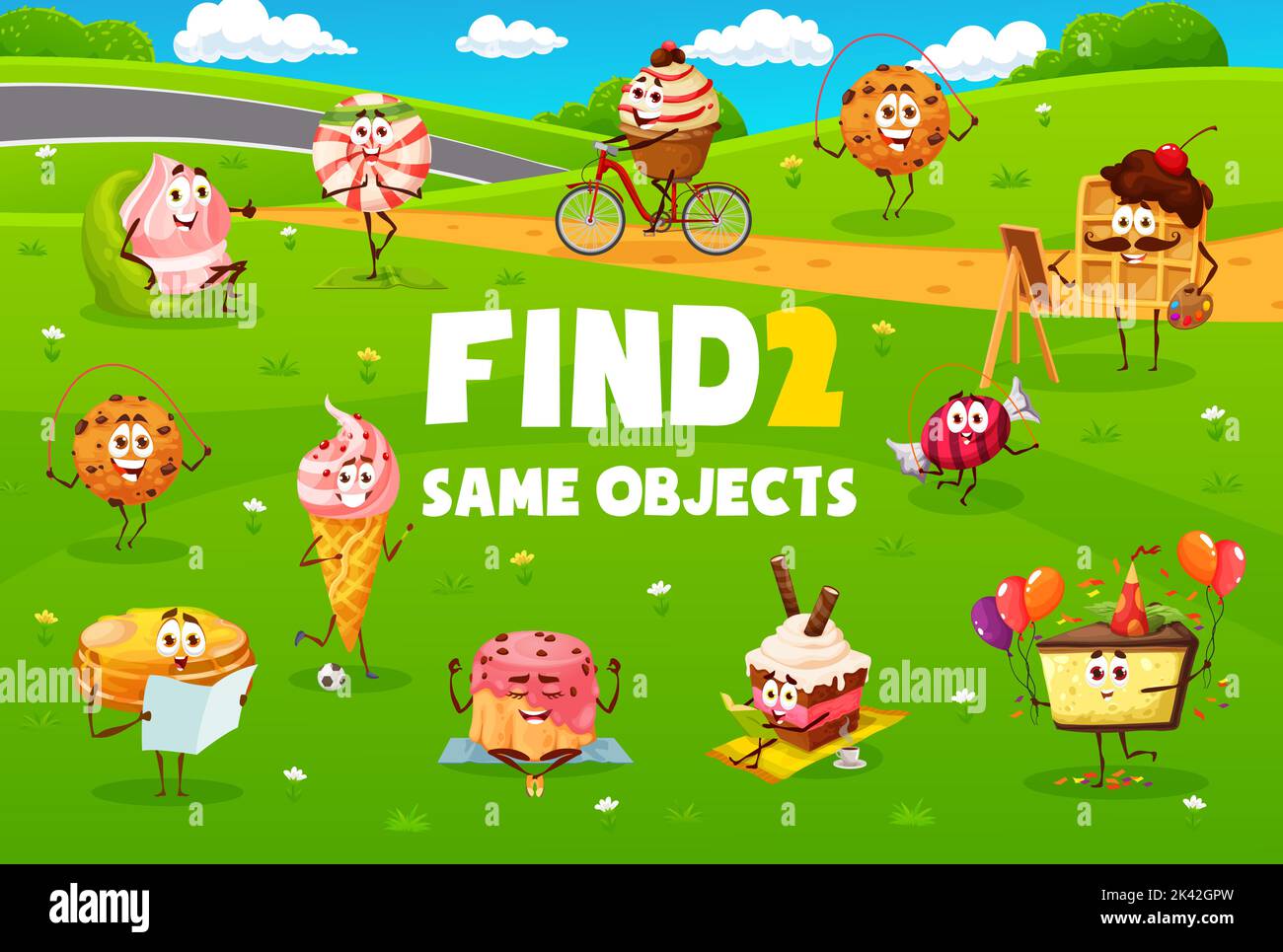 Find two same cartoon desserts, sweets, cookie and cake characters
