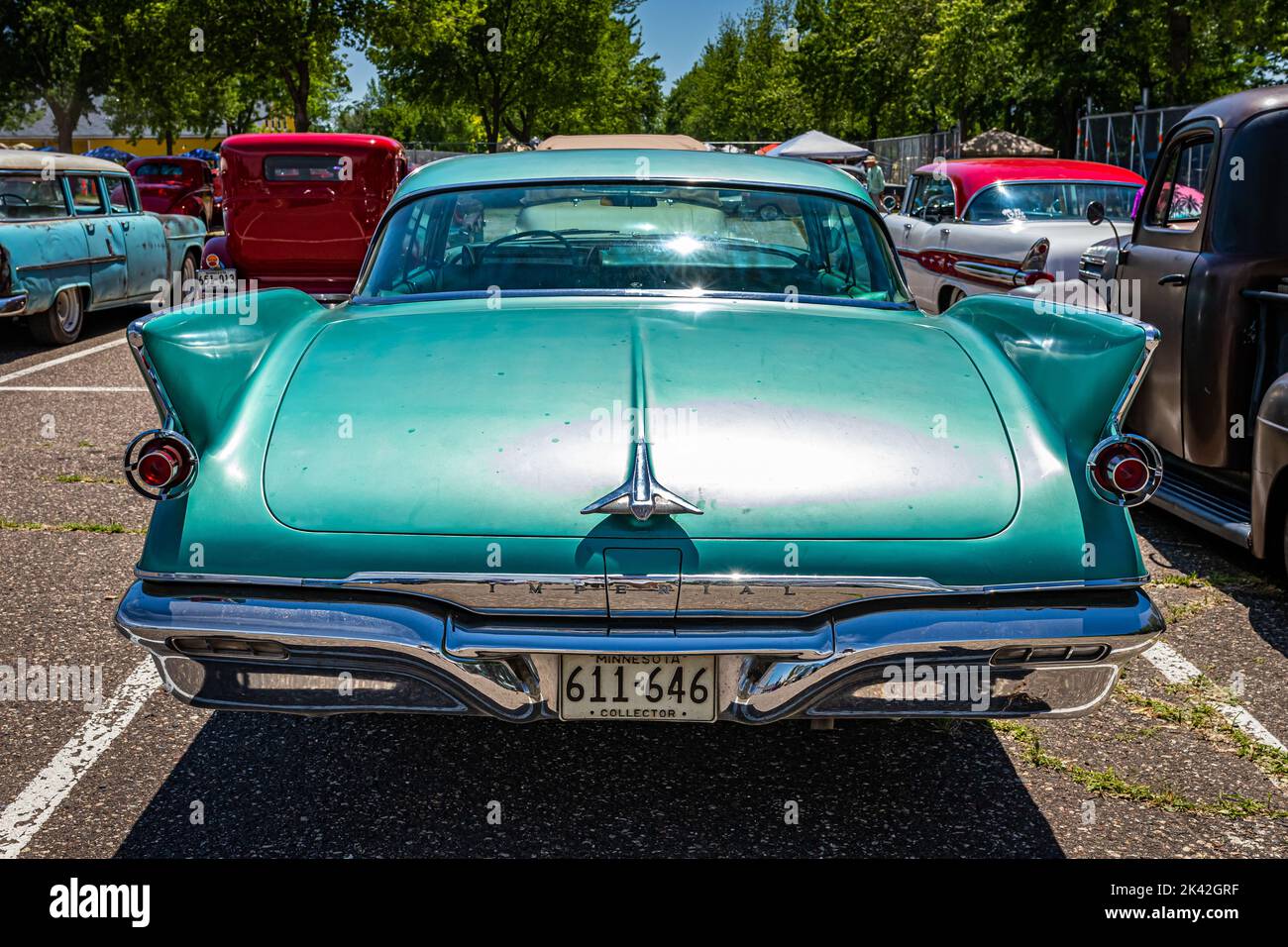 Falcon Heights, MN - June 18, 2022: High perspective rear view of a 1961 Chrysler Imperial Crown 4 Door Hardtop at a local car show. Stock Photo