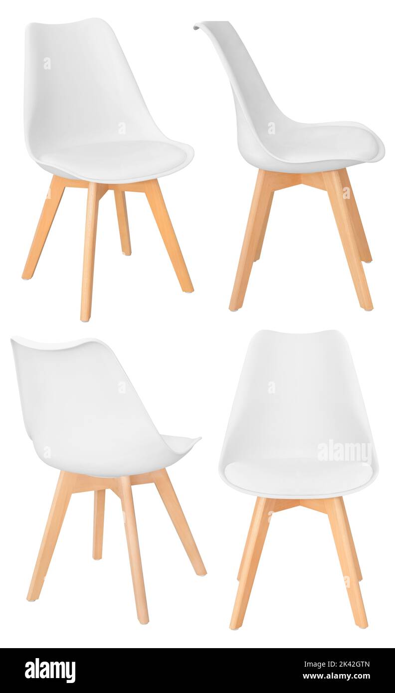 Modern stylish plastic chair with wooden legs in different angles of