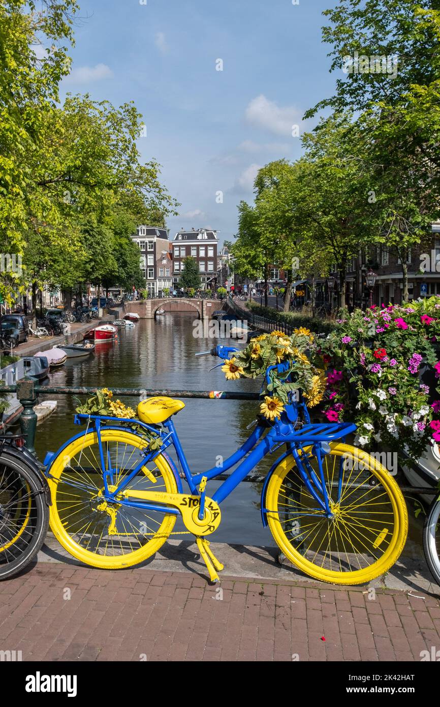 Flower Bike in Ukrainian colours Amsterdam, The Netherlands Stock