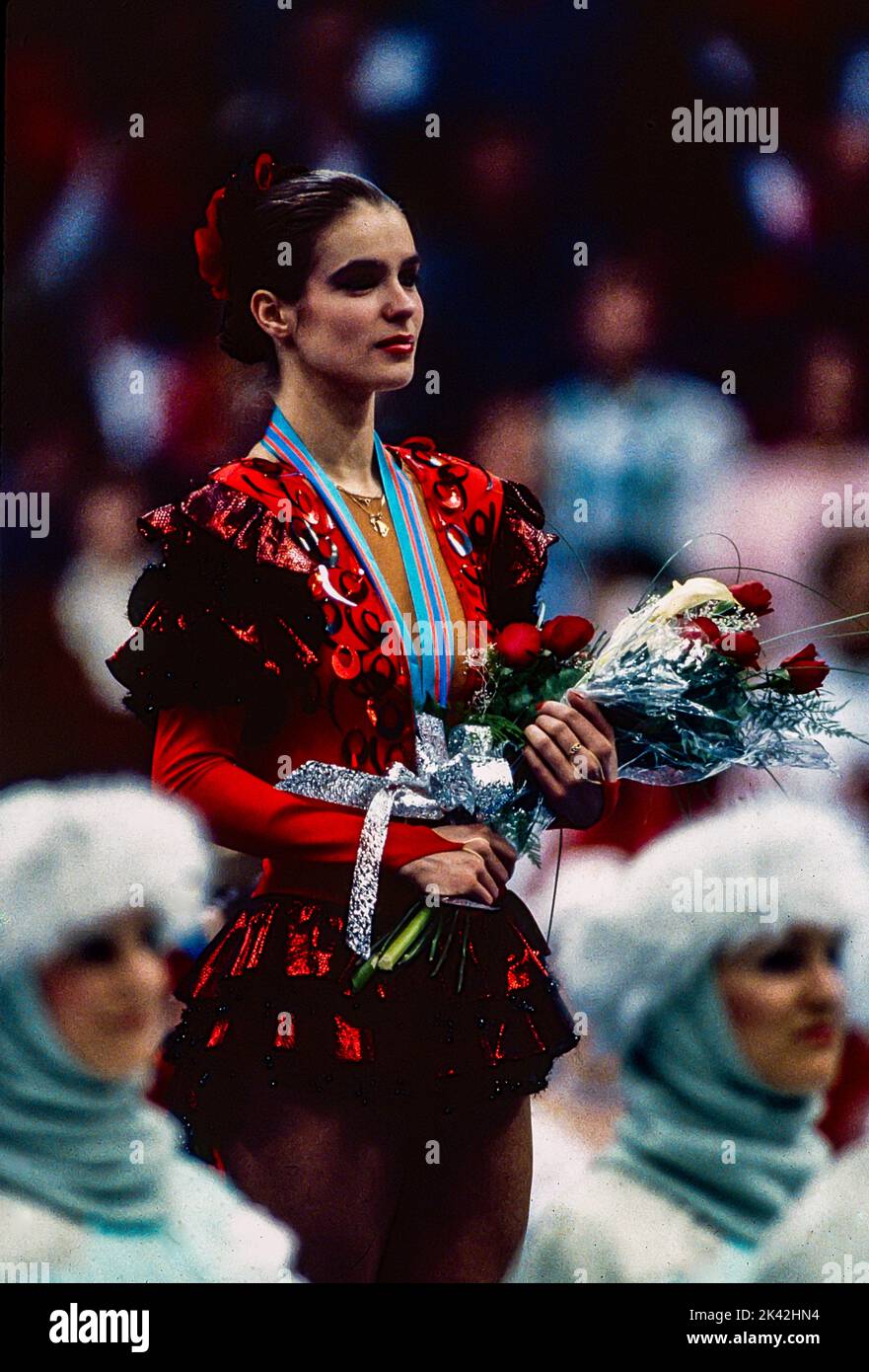Katarina Witt (GDR) Gold medalist and Olympic Champion in the Ladies Figure Skating at the 1988 Olympic Winter Games. Stock Photo