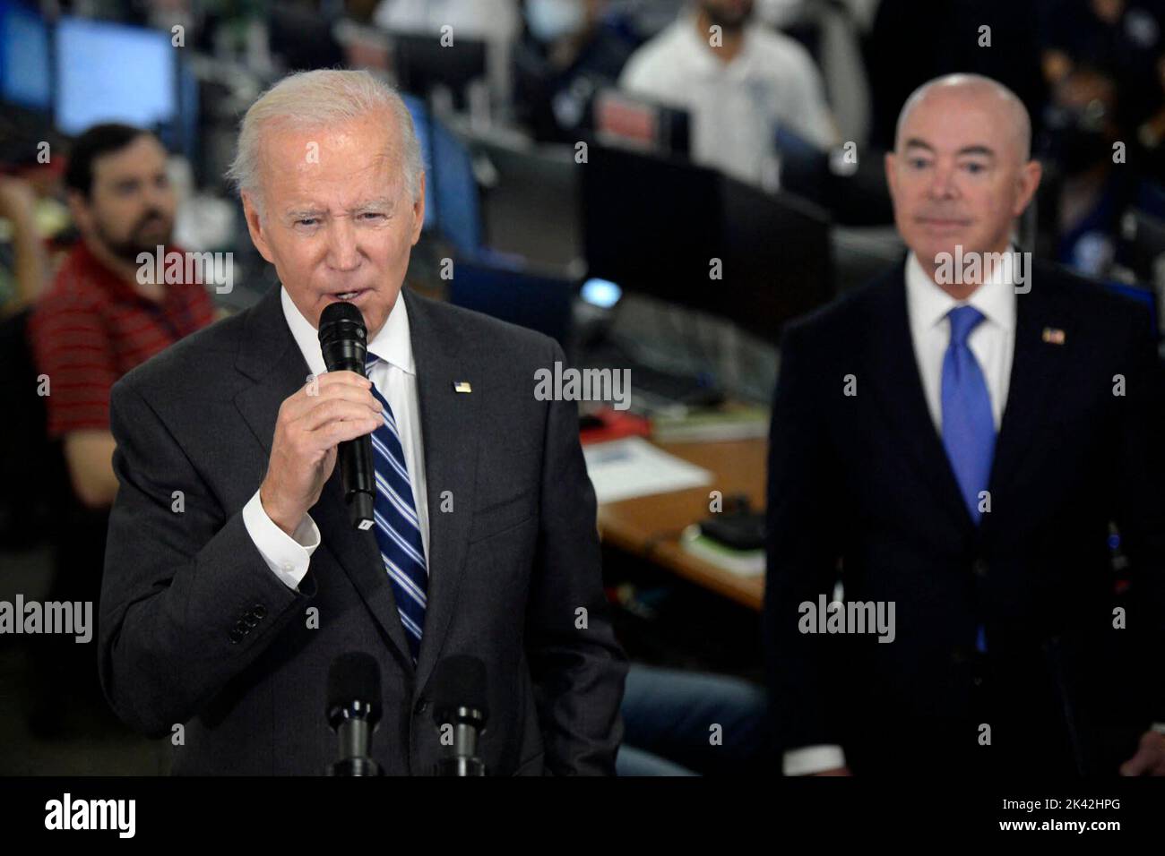 President Joe Biden speaks as Secretary of the Department of Homeland Security Alejandro Mayorkas looks on during a press conference after being briefed on the impact of Hurricane Ian and ongoing federal government response efforts at the FEMA Headquarters in Washington, DC on Thursday, September 29, 2022. Photo by Bonnie Cash/Pool/ABACAPRESS.COM Stock Photo