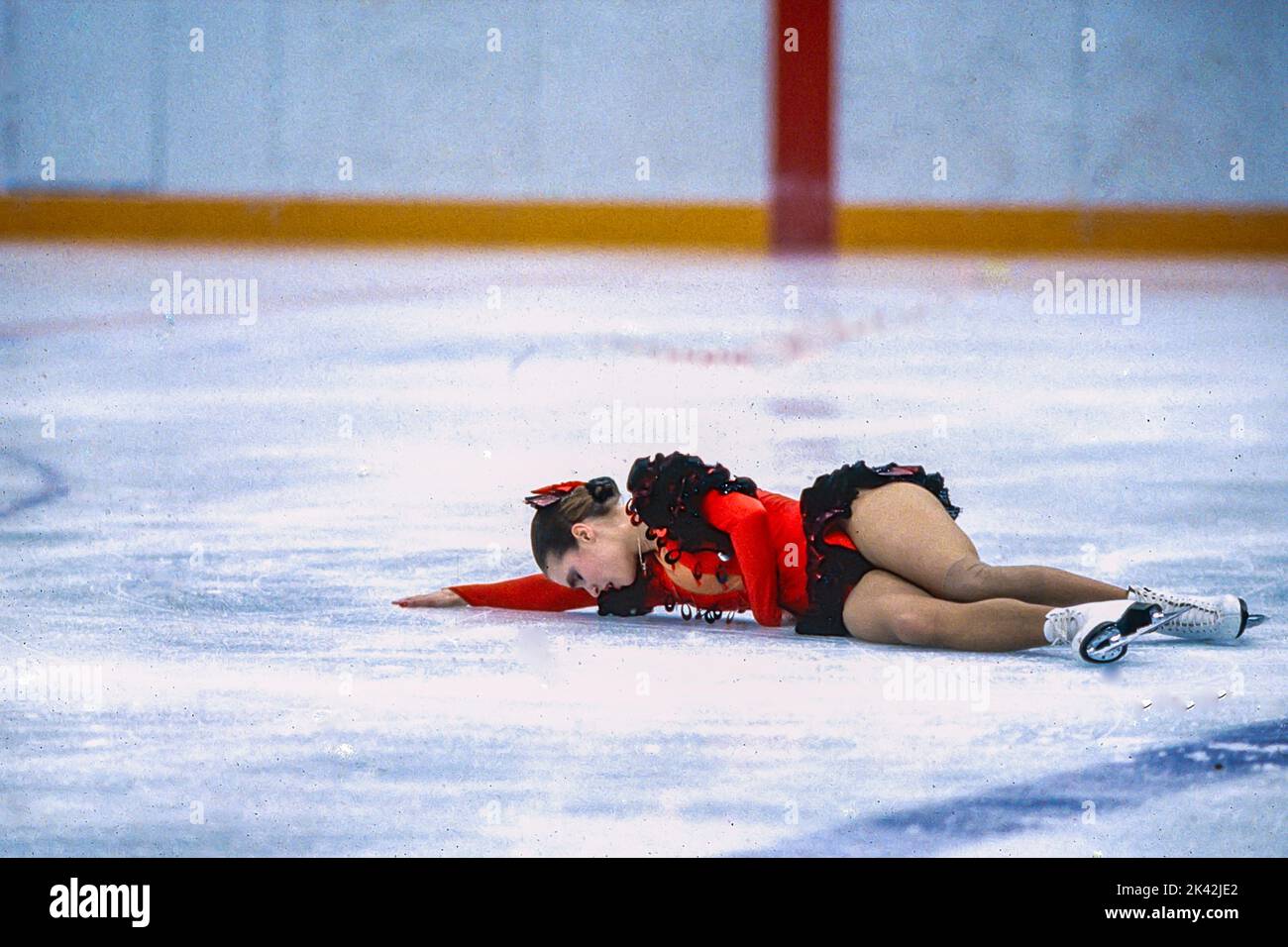 Katarina Witt (GDR) Gold medalist and Olympic Champion competing in the Ladies Figure Skating Free Skate at the 1988 Olympic Winter Games. Stock Photo