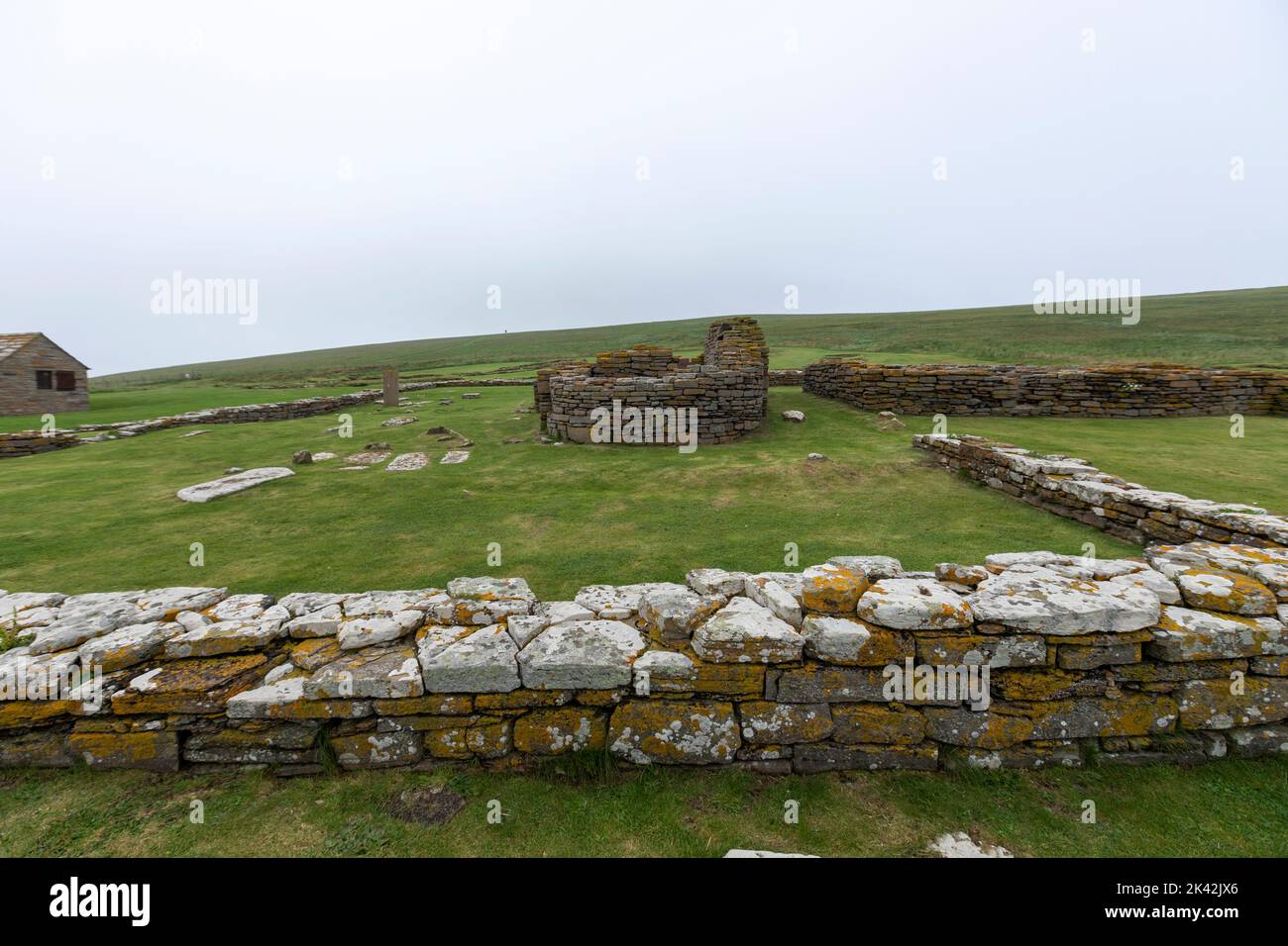 The remains of houses with the church in Brough of Birsay, The Mainland of Orkney, Scotland, UK Stock Photo
