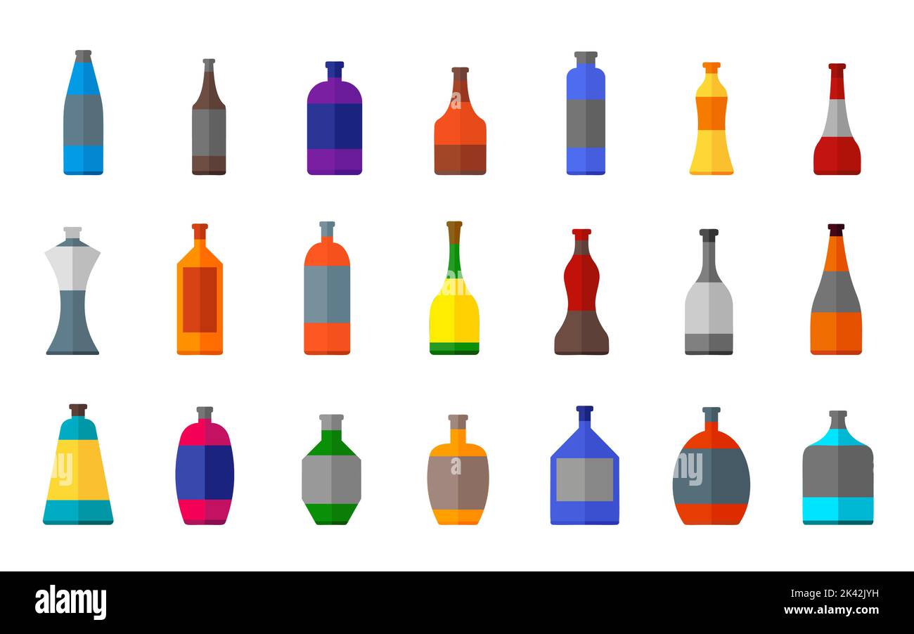 Bottle of alcohol beverage flat cartoon icon set. Various shapes glass