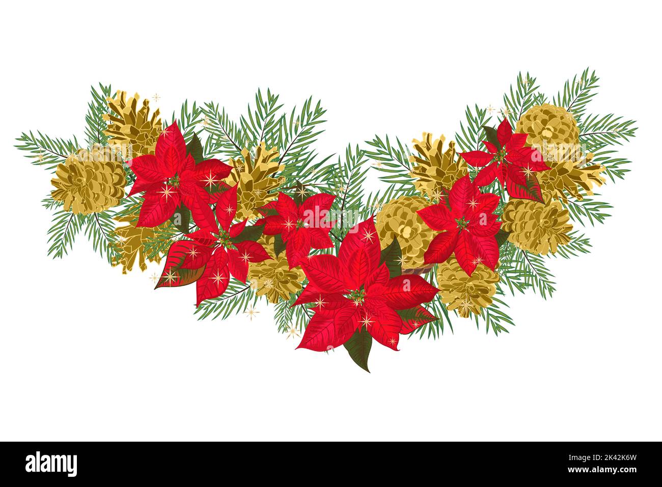 Vintage Christmas garland with golden pine cones and red poinsettia ...