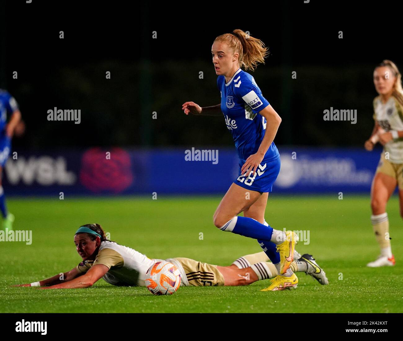 Everton's Karen Holmgaard (right) wins the ball from Leicester City's Erin Simon during the Barclays Women's Super League match at Walton Hall Park, Liverpool. Picture date: Thursday September 29, 2022. Stock Photo