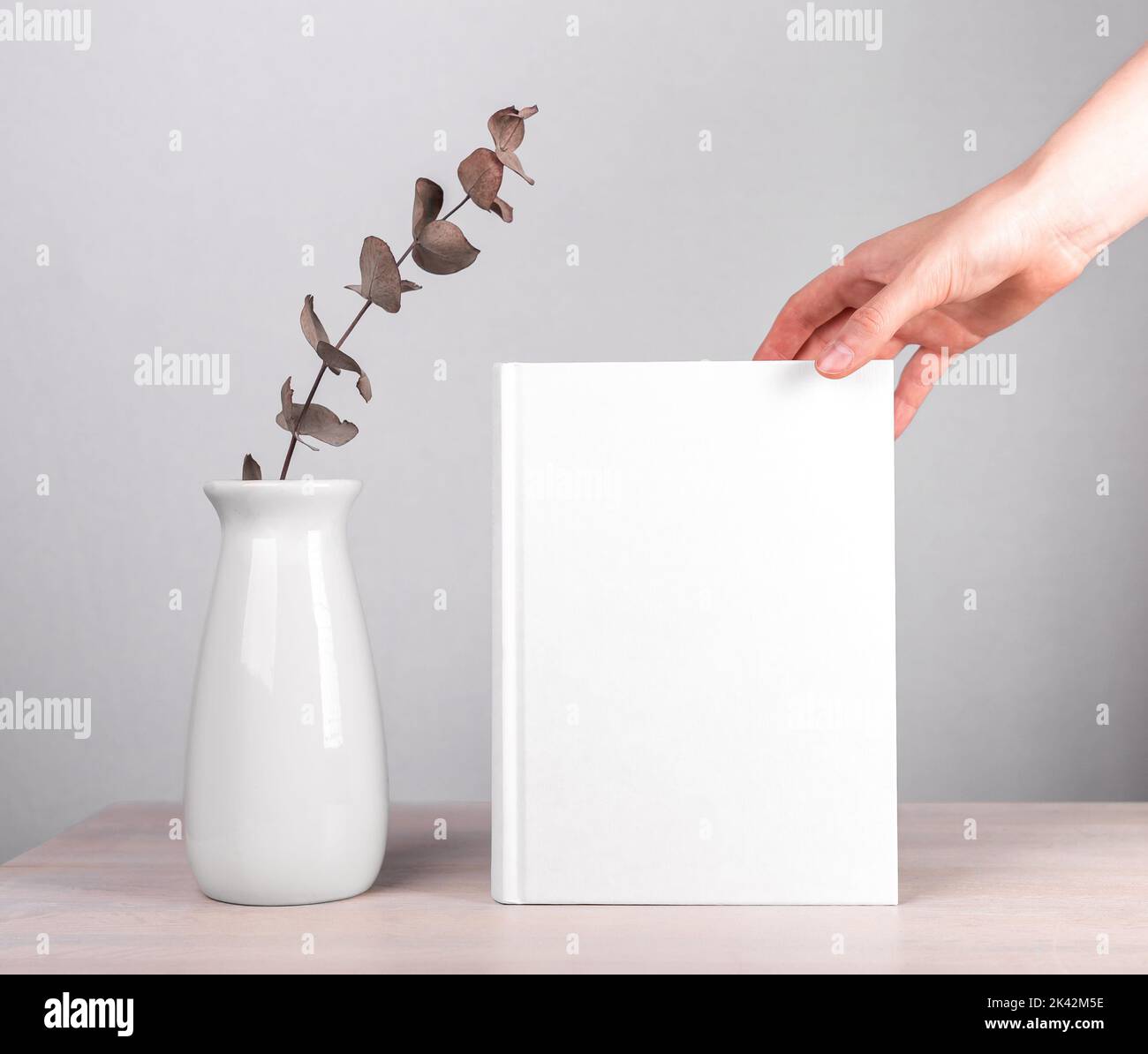 Abstract empty blank book cover mock up, white hardcover template, female hand and vase with eucalyptus on wood table. Stock Photo