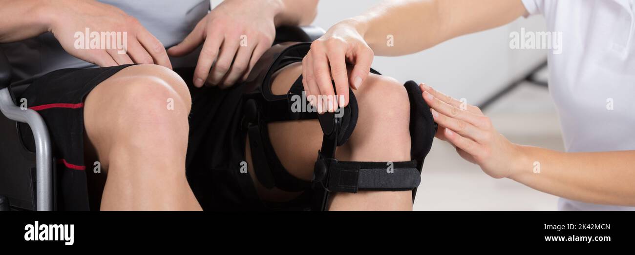 Knee Leg Brace For Orthopedic Rehabilitation. Osteoporosis Problem Stock Photo