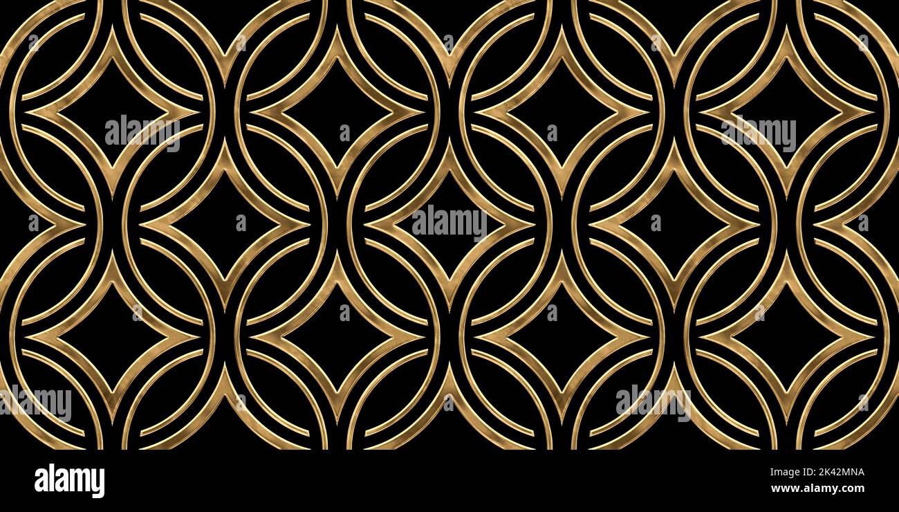 Seamless golden Art Deco circle and diamond ornamental wallpaper pattern. Vintage abstract gold plated relief sculpture on black background. Elegant l Stock Photo