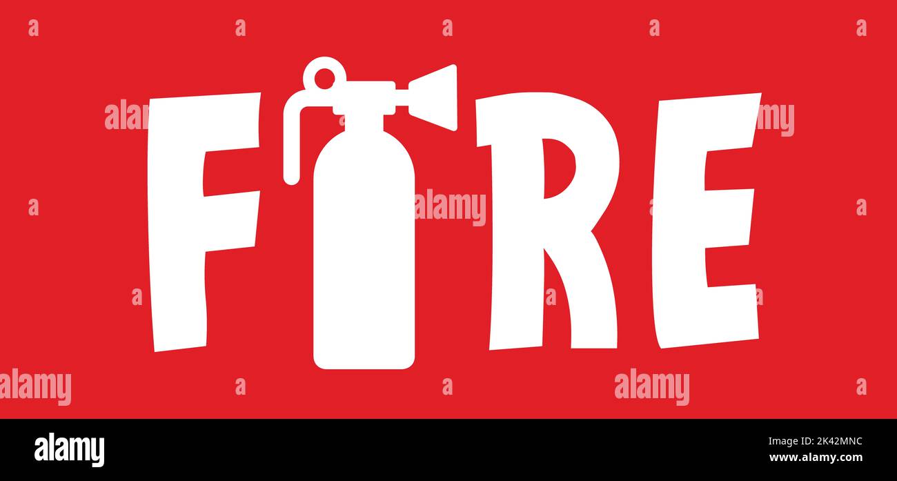 Cartoon slogon fire with fire extinguisher. Warning fire. Dangerous