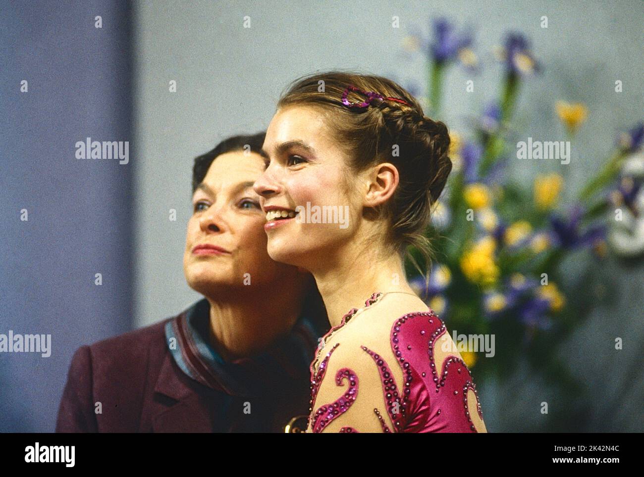 Katarina Witt (GDR) with her coach, Jutta Muller, Gold medalist in Figure Skating Ladies' singles at the 1984 Olympic Winter Games. Stock Photo