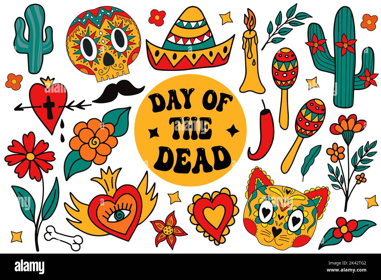 Day of the dead set. Groovy Dia de los Muertos collection clip art hand