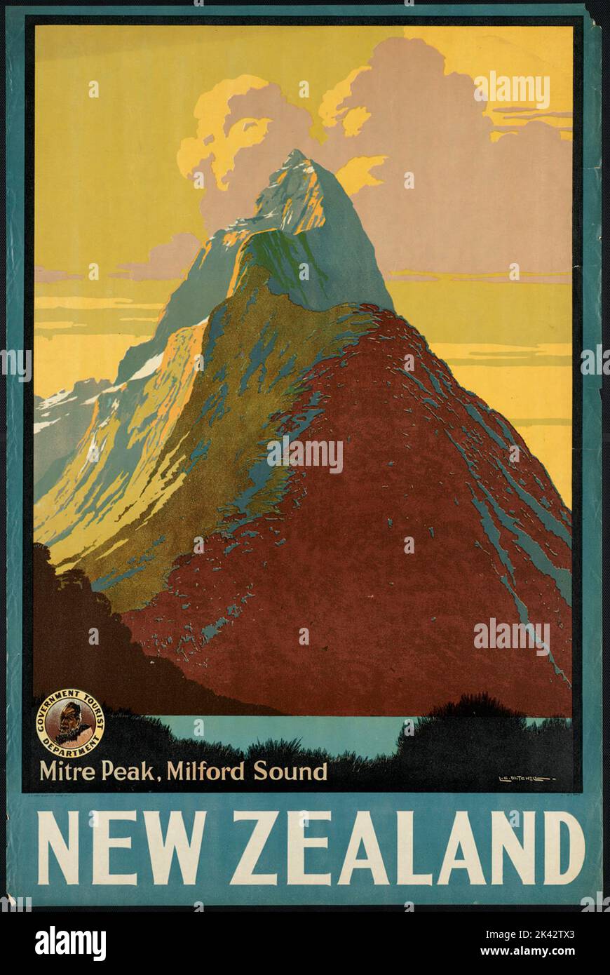 Colorful vintage travel poster of Mitre Peak and Milton Sound, New Zealand Stock Photo