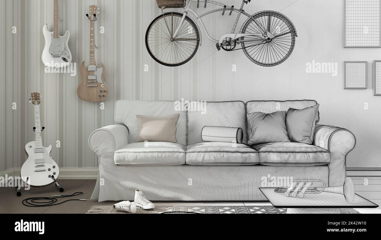 Architect interior designer concept: hand-drawn draft unfinished ...