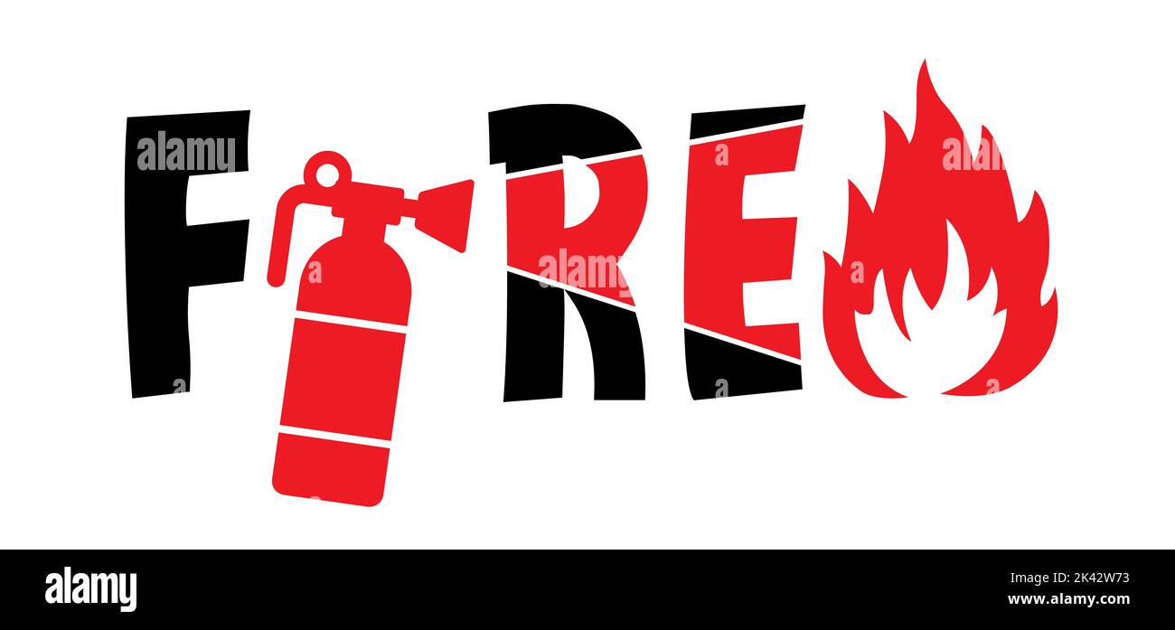 Cartoon slogon fire with fire extinguisher. Warning fire. Dangerous