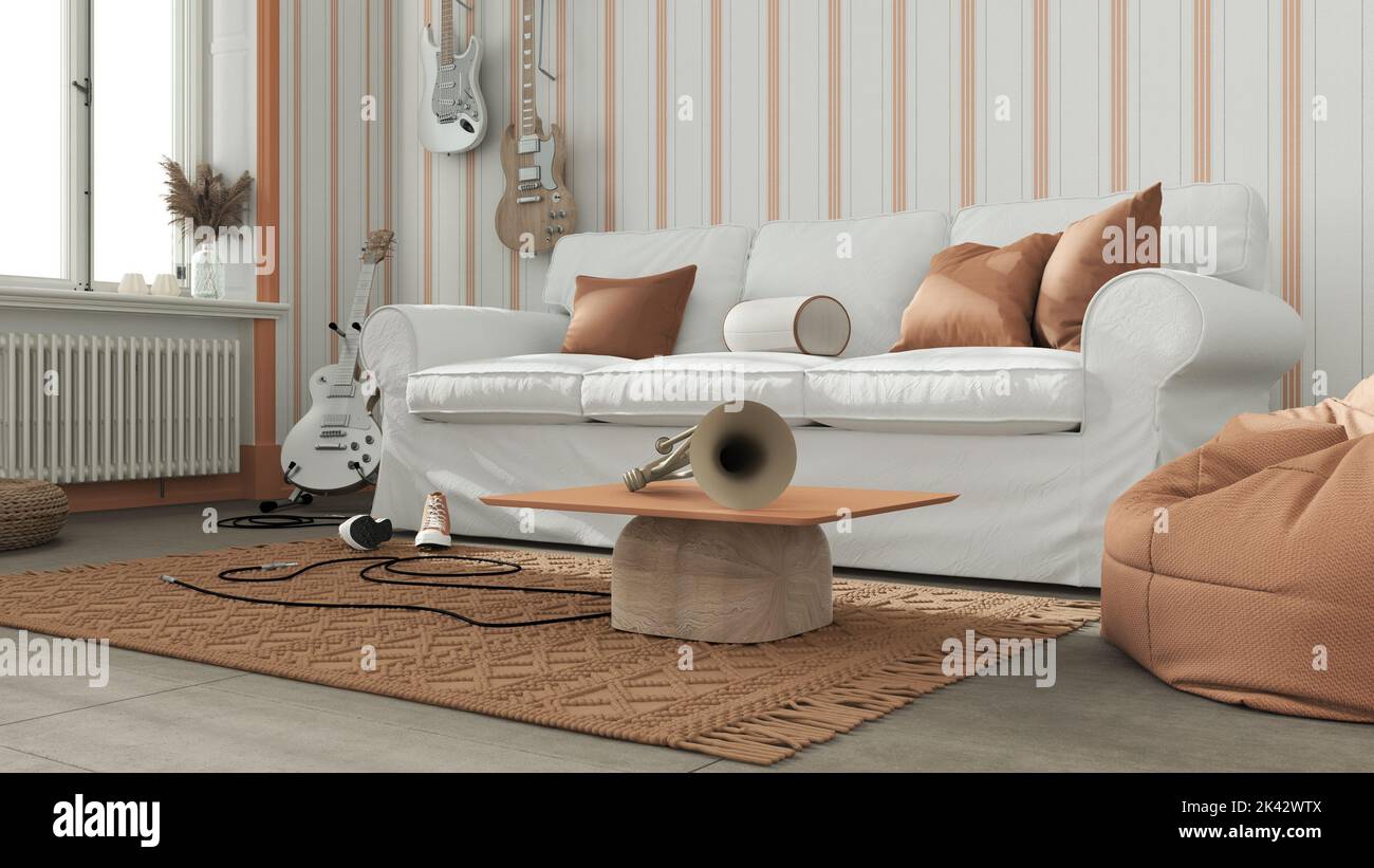 Cozy living room in white and orange tones, striped wallpaper, sofa and ...