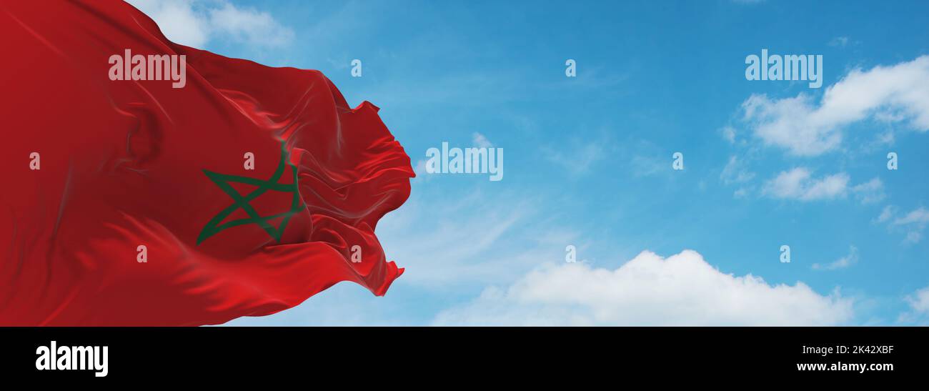 flag of Arab peoples Moroccans at cloudy sky background, panoramic view