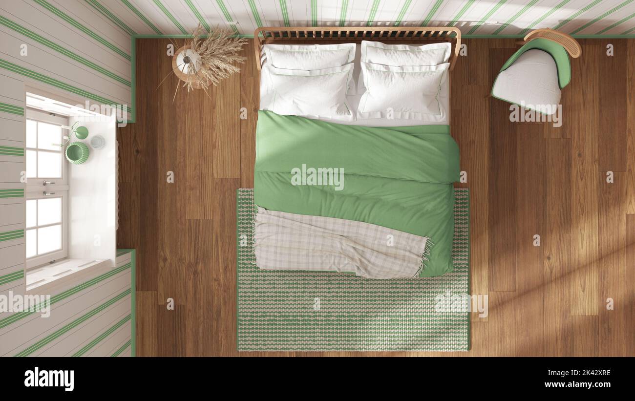 Scandinavian wooden bedroom in white and green tones, double bed with ...