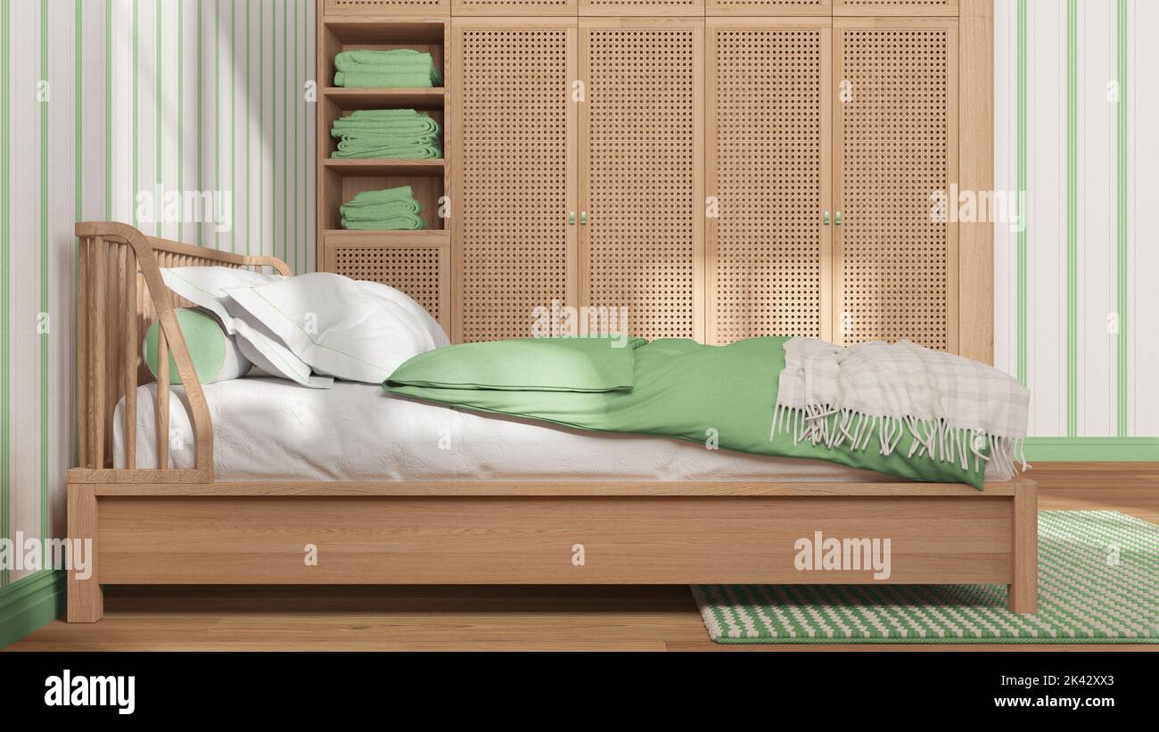 Scandinavian wooden bedroom in white and green tones, double bed with ...