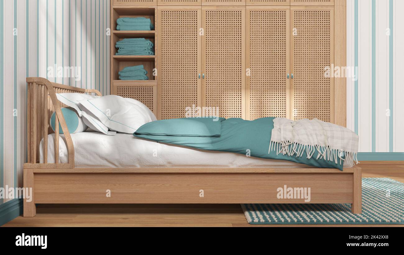Scandinavian wooden bedroom in white and blue tones, double bed with ...