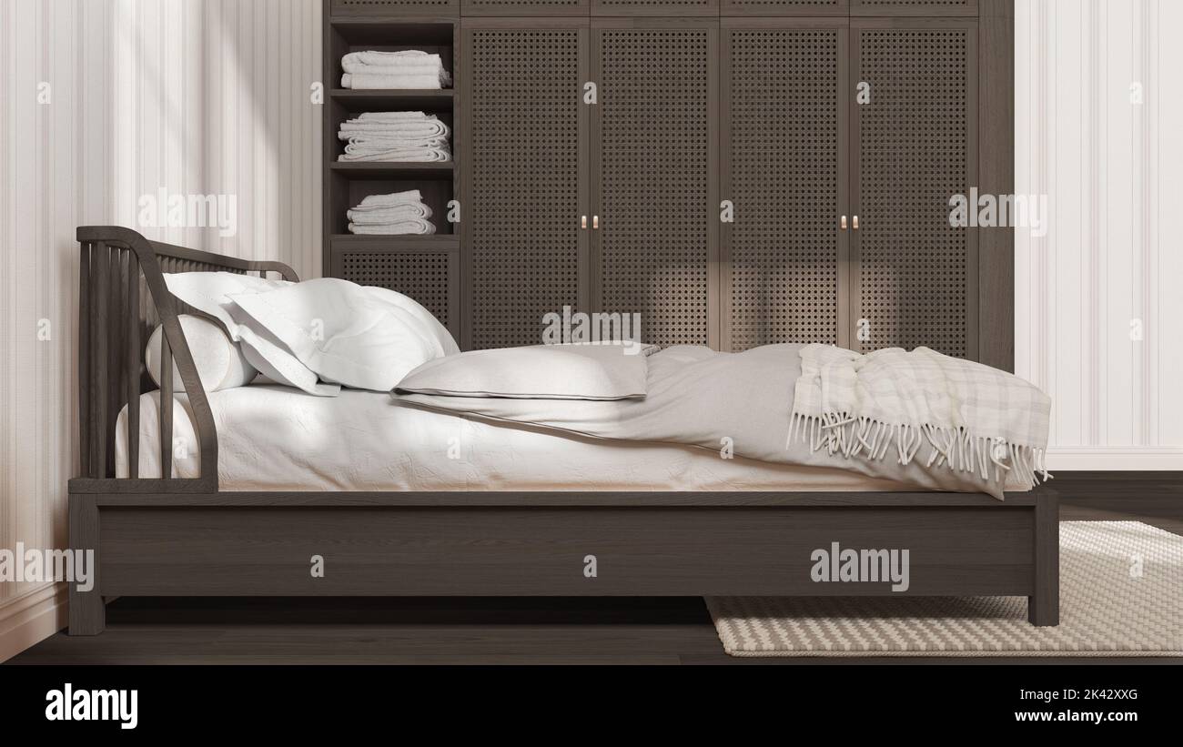 Scandinavian wooden bedroom in white and dark tones, double bed with ...