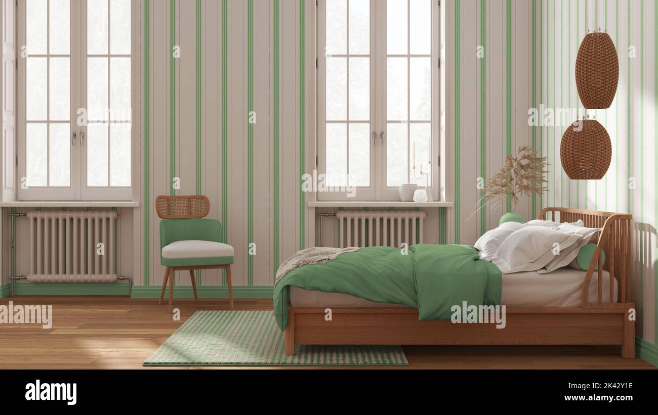 Scandinavian wooden bedroom in white and green tones, double bed with ...
