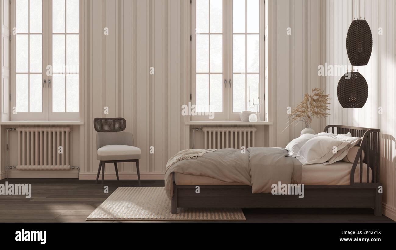 Scandinavian wooden bedroom in white and dark tones, double bed with ...