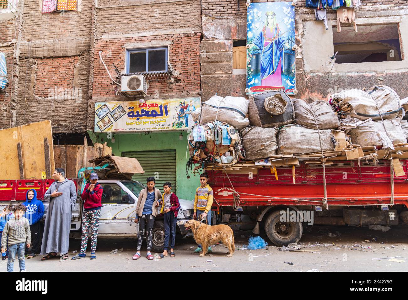 Manshiyat Naser, Garbage City, Cairo, Egypt. February 14, 2022. A truck loaded with recycled materials in Manshiyat Naser, Garbage City, Cairo. Stock Photo