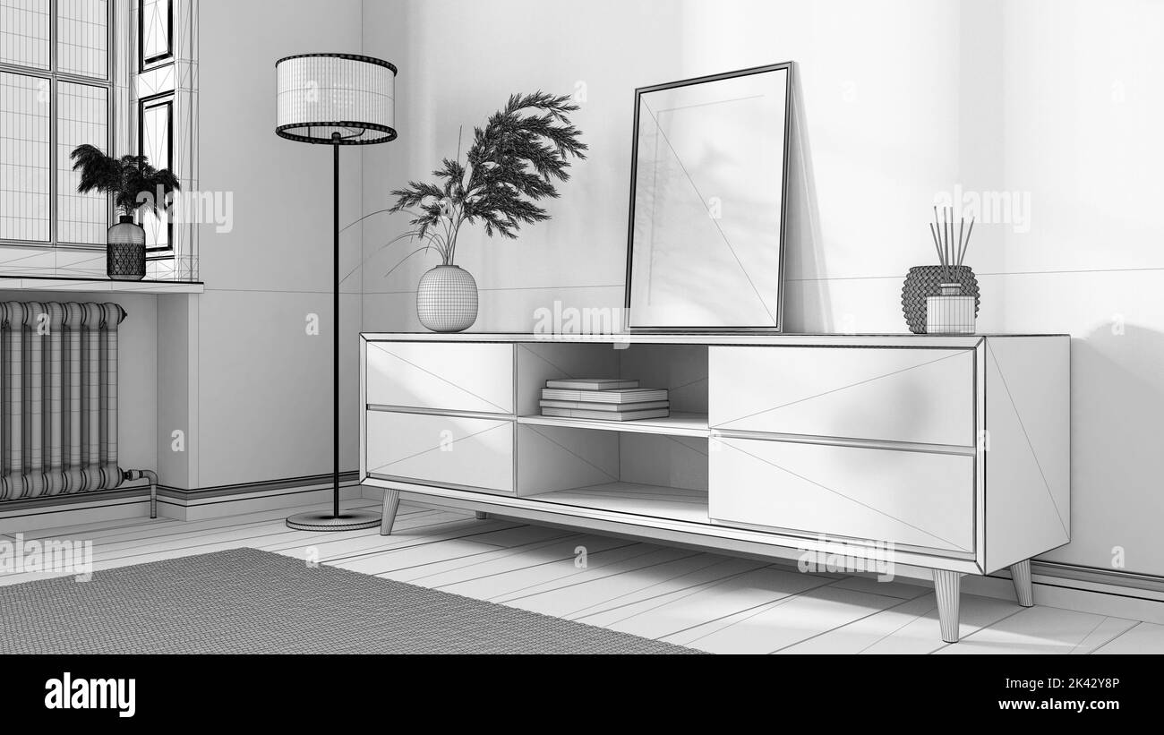 Blueprint unfinished project draft, frame mock up in modern cozy living