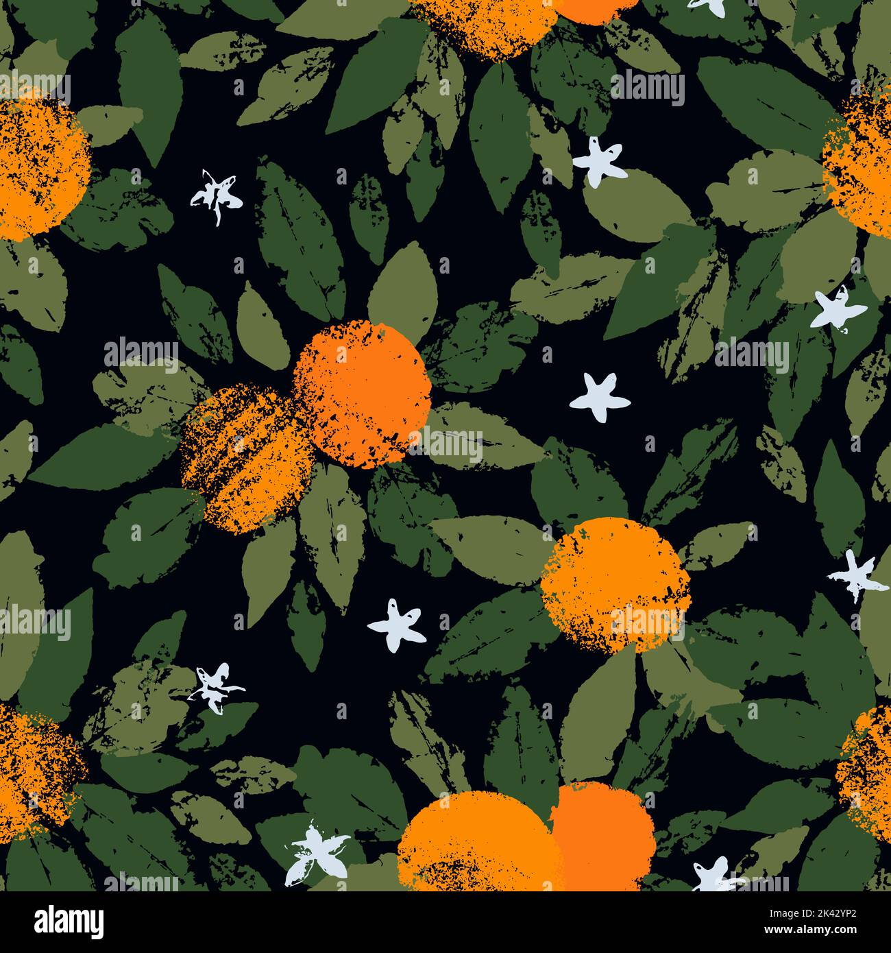 Hand drawn seamless pattern of orange fruit with leaves in the stamp ...