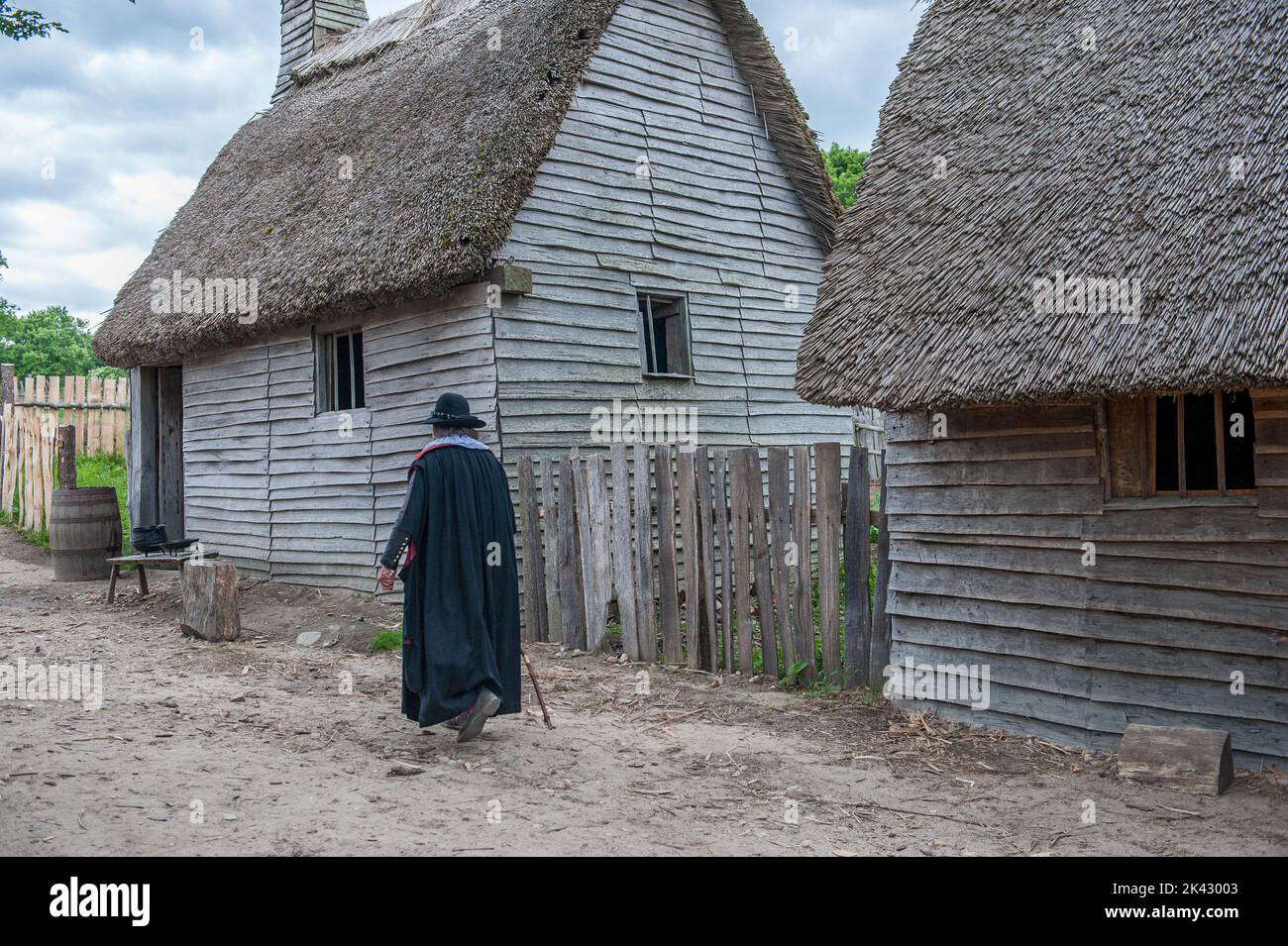 Plimoth Patuxet replicates the original settlement of the Pilgrims at Plymouth Colony, where the first thanksgiving may have been held in 1621. Stock Photo