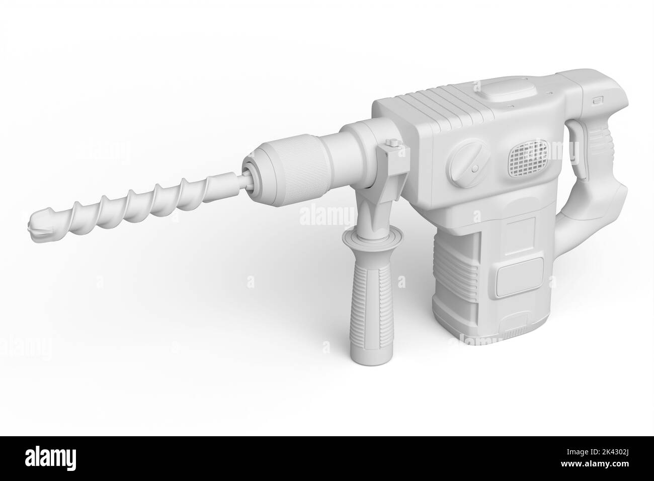 Electric drill with cord and attached metal bit isolated on white monochrome background. 3d render and illustration of tool for repair and installatio Stock Photo