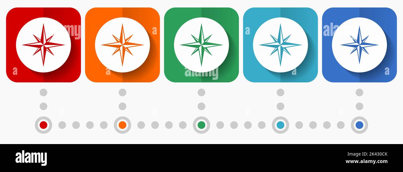 Compass vector icons, infographic template, set of flat design symbols in 5 color options Stock Vector