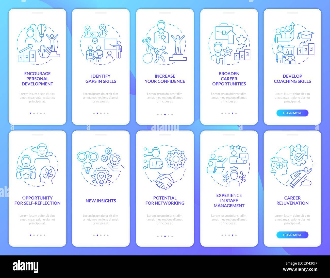 Successful mentoring program blue gradient onboarding mobile app screen set Stock Vector