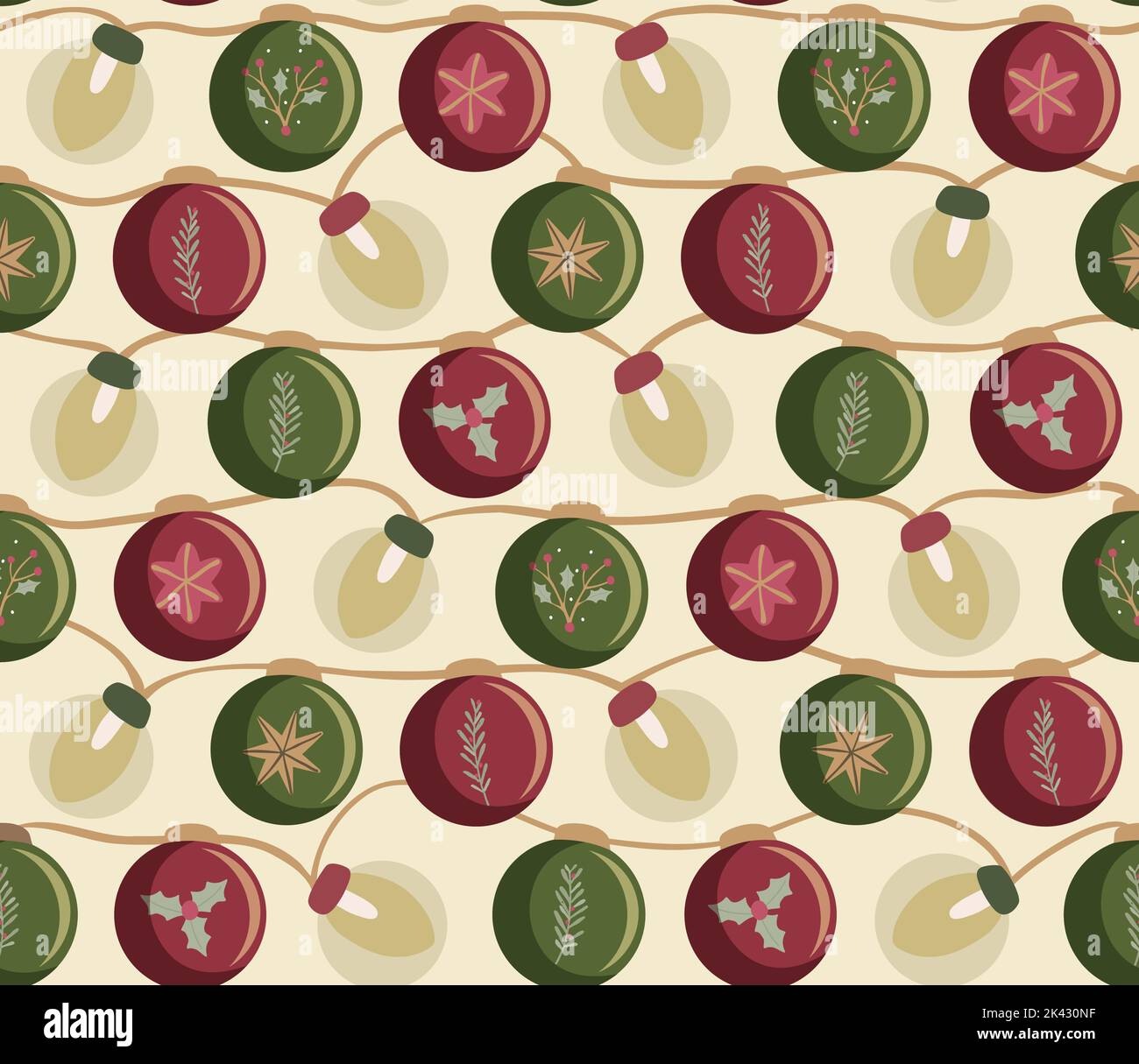 Christmas seamless pattern with lights and baubles. Flat design. Vector illustration Stock Vector