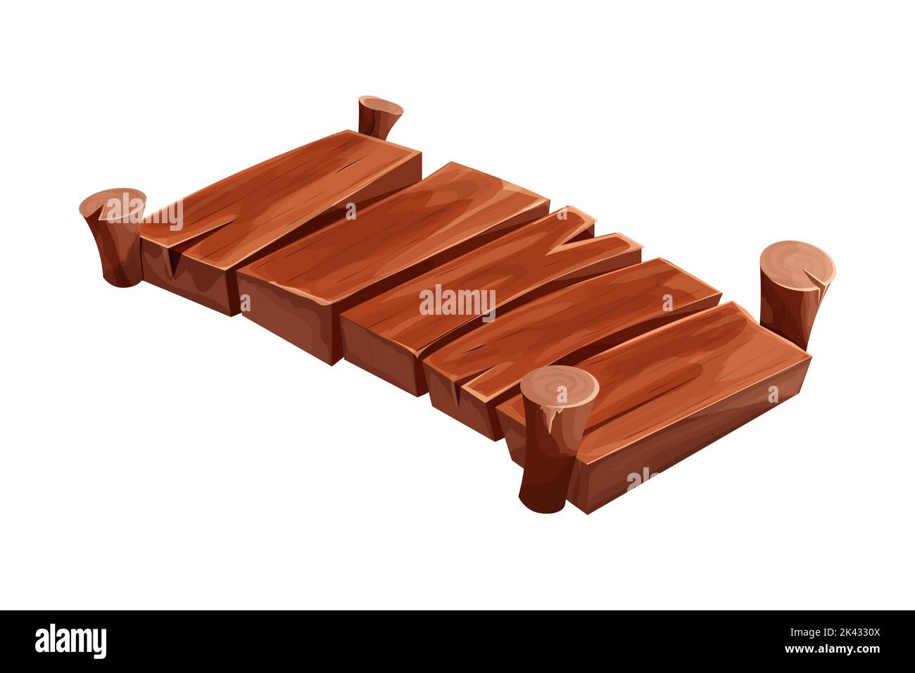 Wooden bridge old in isometric view in cartoon style isolated on white background. Detailed, textured game element. Vector illustration Stock Vector