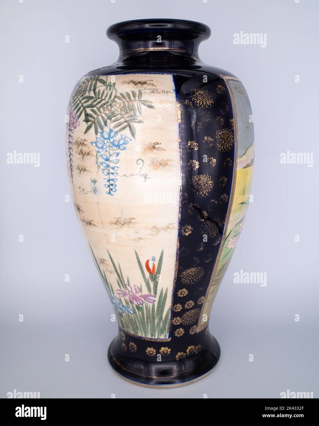 LARGE 12.5" Antique Japanese BlueGround Satsuma Vase With Samurai