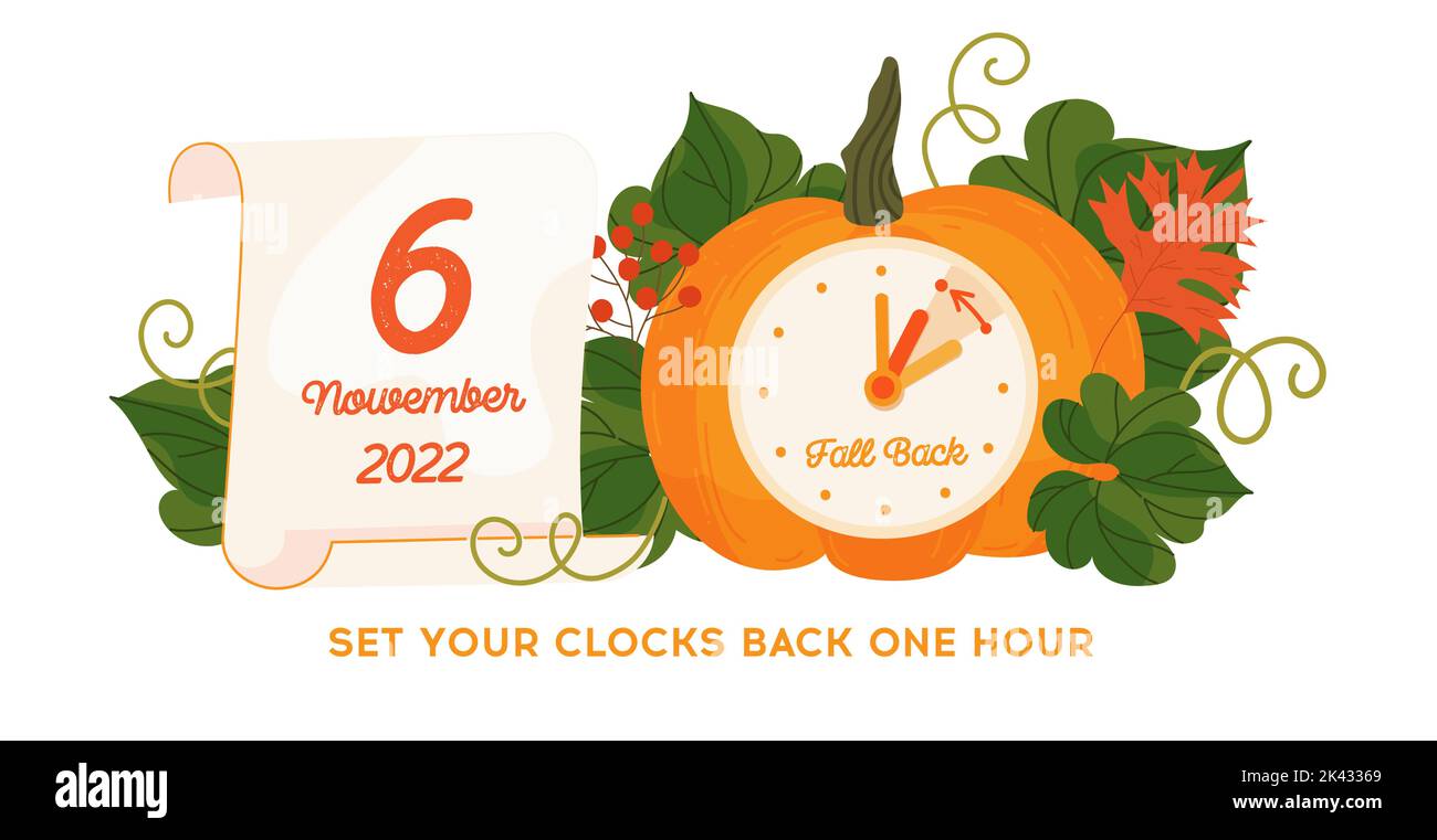 Daylight saving time ends 2022, Fall Back banner. Alarm clock and