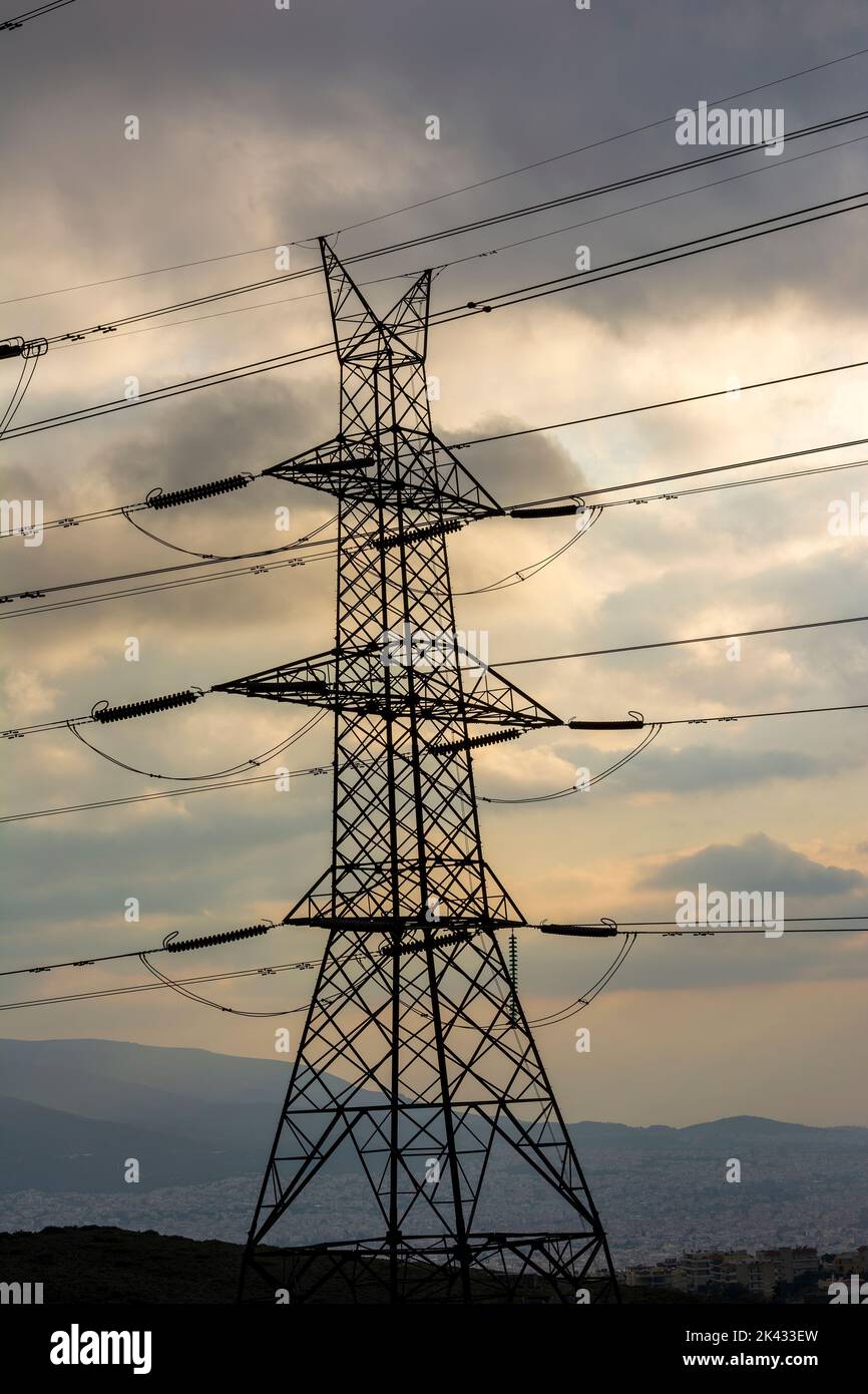 High voltage power lines on the mountain of penteli at Greece Stock ...