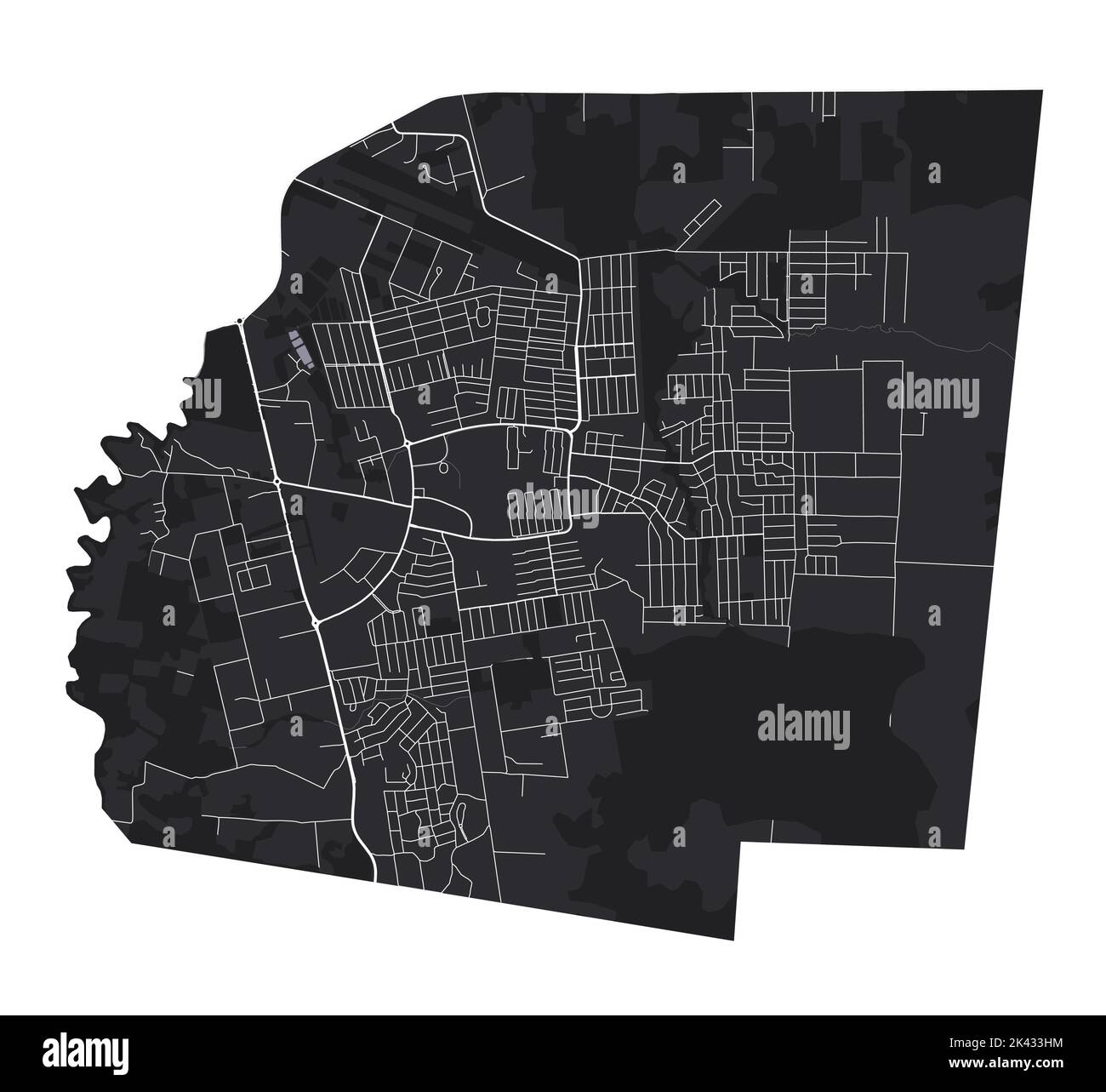 Belmopan vector map. Detailed vector map of Belmopan city administrative area. Cityscape poster metropolitan aria view. Black land with white roads an Stock Vector