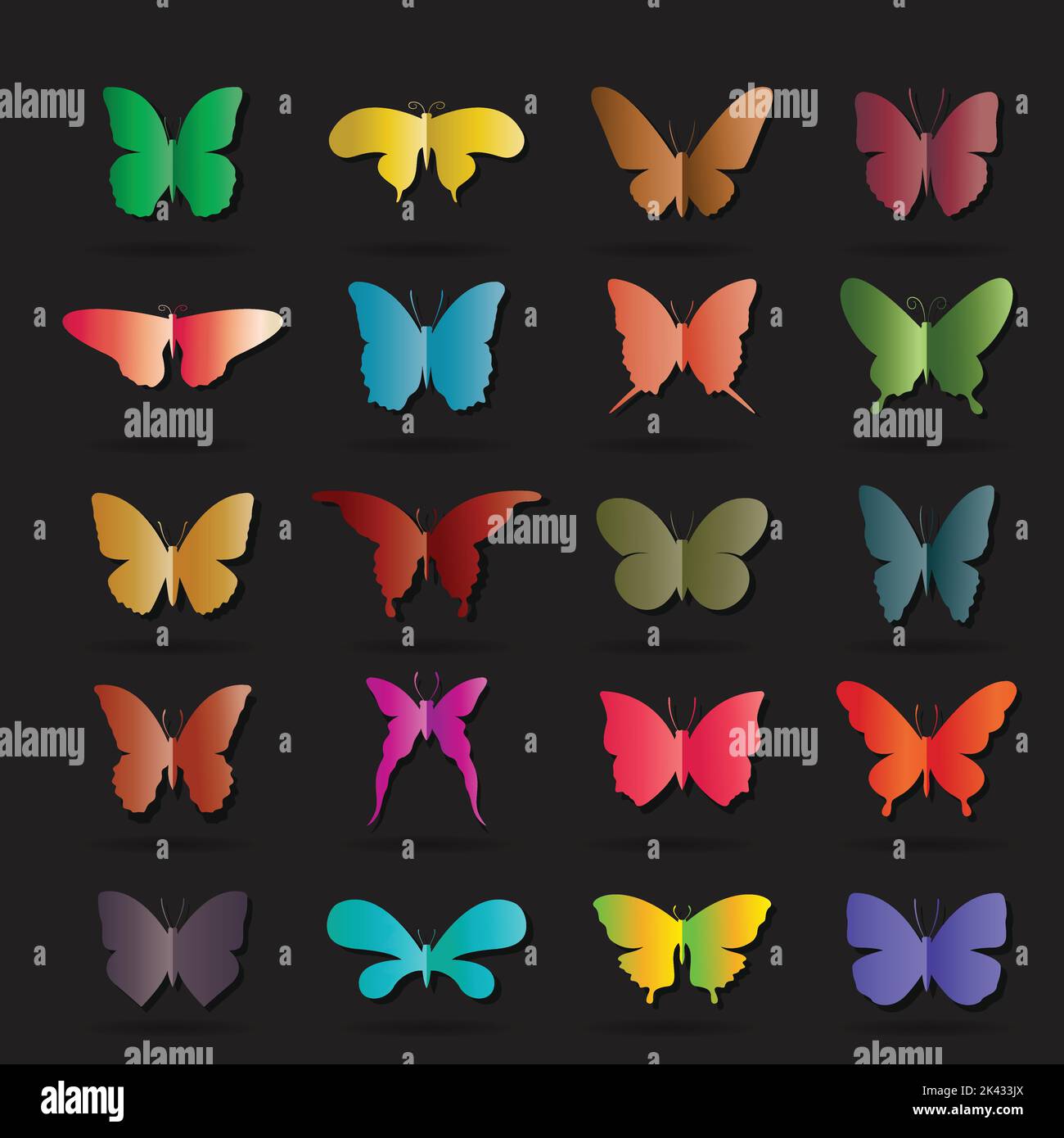 Vector group of colorful butterfly on black background. Butterfly icon. Insect. Animal Logo.Easy editable layered vector illustration. Wild Animals. Stock Vector