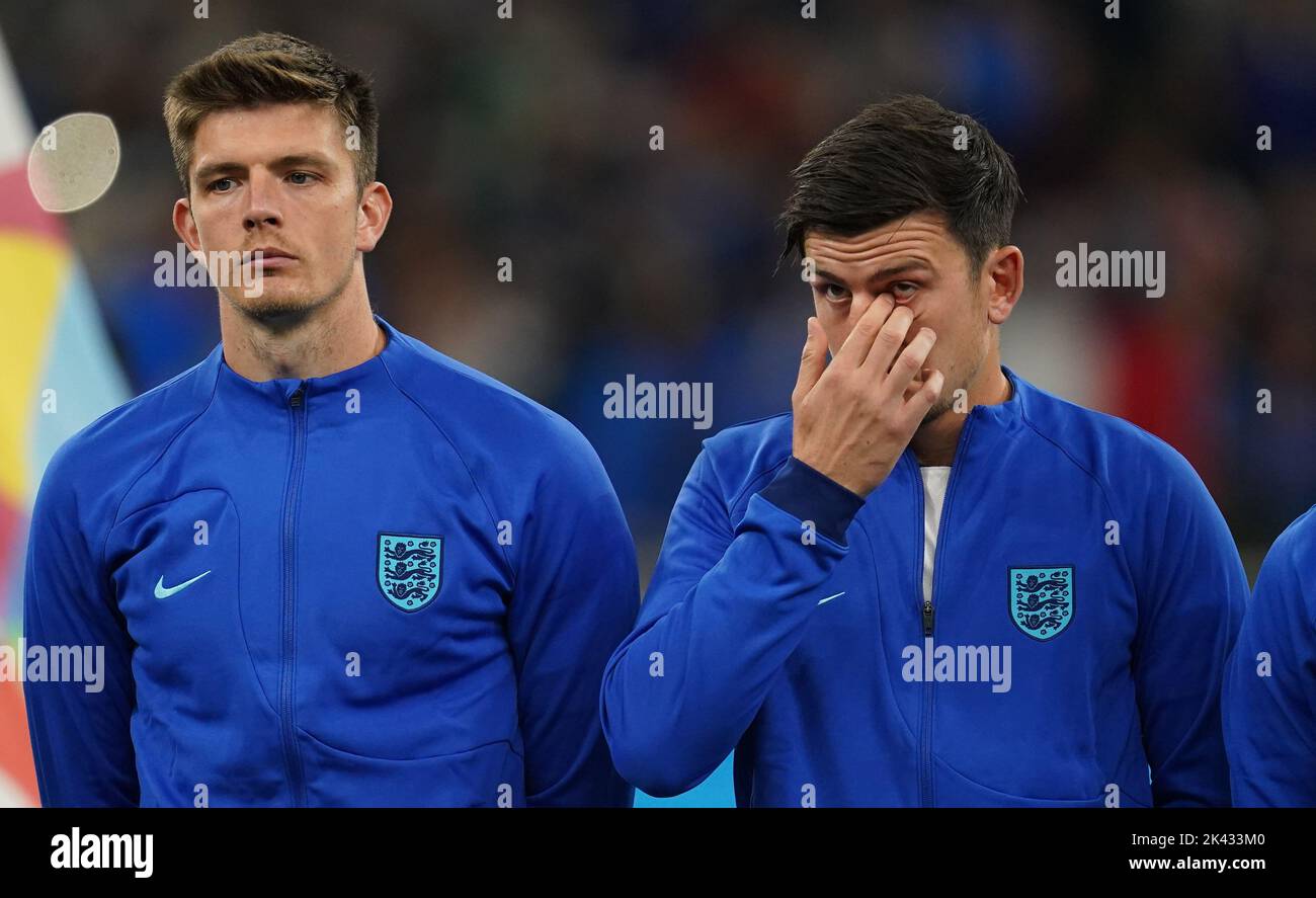 England goalkeeper Nick Pope (left) and Harry Maguire before the UEFA Nations League Group C Match at San Siro Stadium, Italy. Picture date: Friday September 23, 2022. Stock Photo