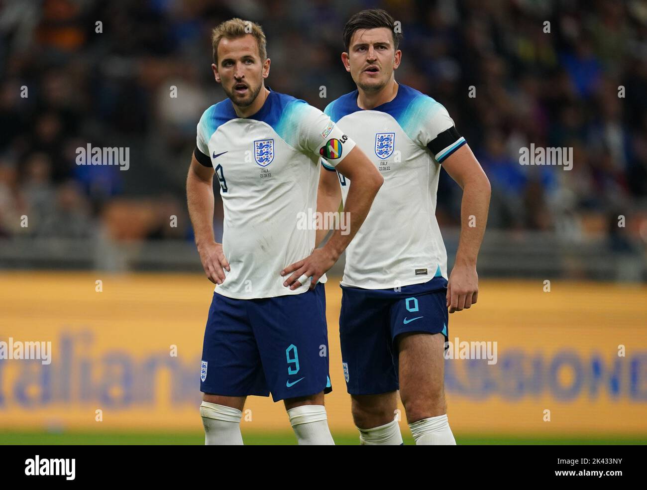 England's Harry Kane (left) and Harry Maguire during the UEFA Nations League Group C Match at San Siro Stadium, Italy. Picture date: Friday September 23, 2022. Stock Photo