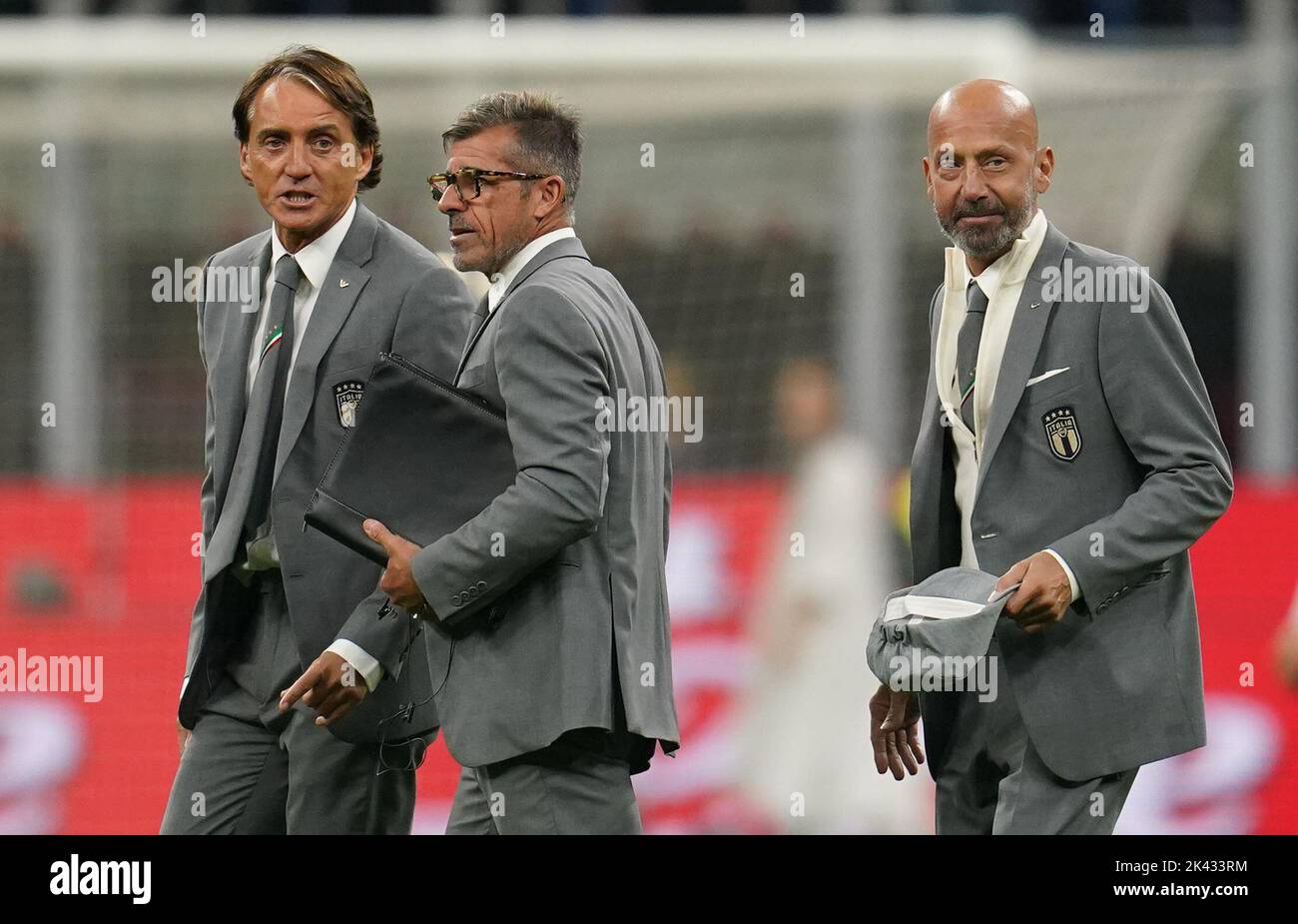 Italy head coach Roberto Mancini (left) with assistant coach Alberico Evani (centre) and coaching assistant Gianluca Vialli after the UEFA Nations League Group C Match at San Siro Stadium, Italy. Picture date: Friday September 23, 2022. Stock Photo