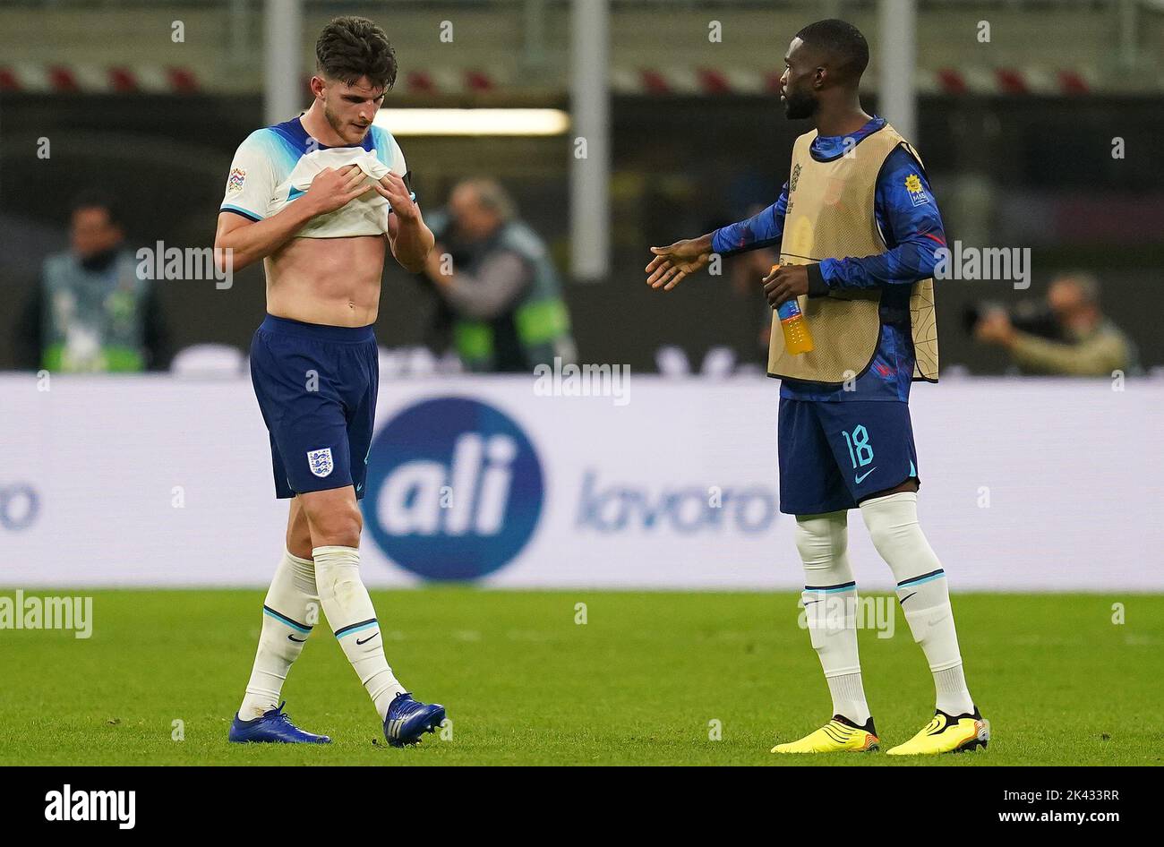England's Declan Rice shows his dejection after defeat following the UEFA Nations League Group C Match at San Siro Stadium, Italy. Picture date: Friday September 23, 2022. Stock Photo