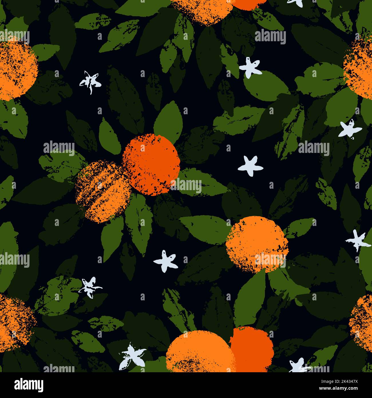 Hand drawn seamless pattern of orange fruit with leaves in the stamp ...