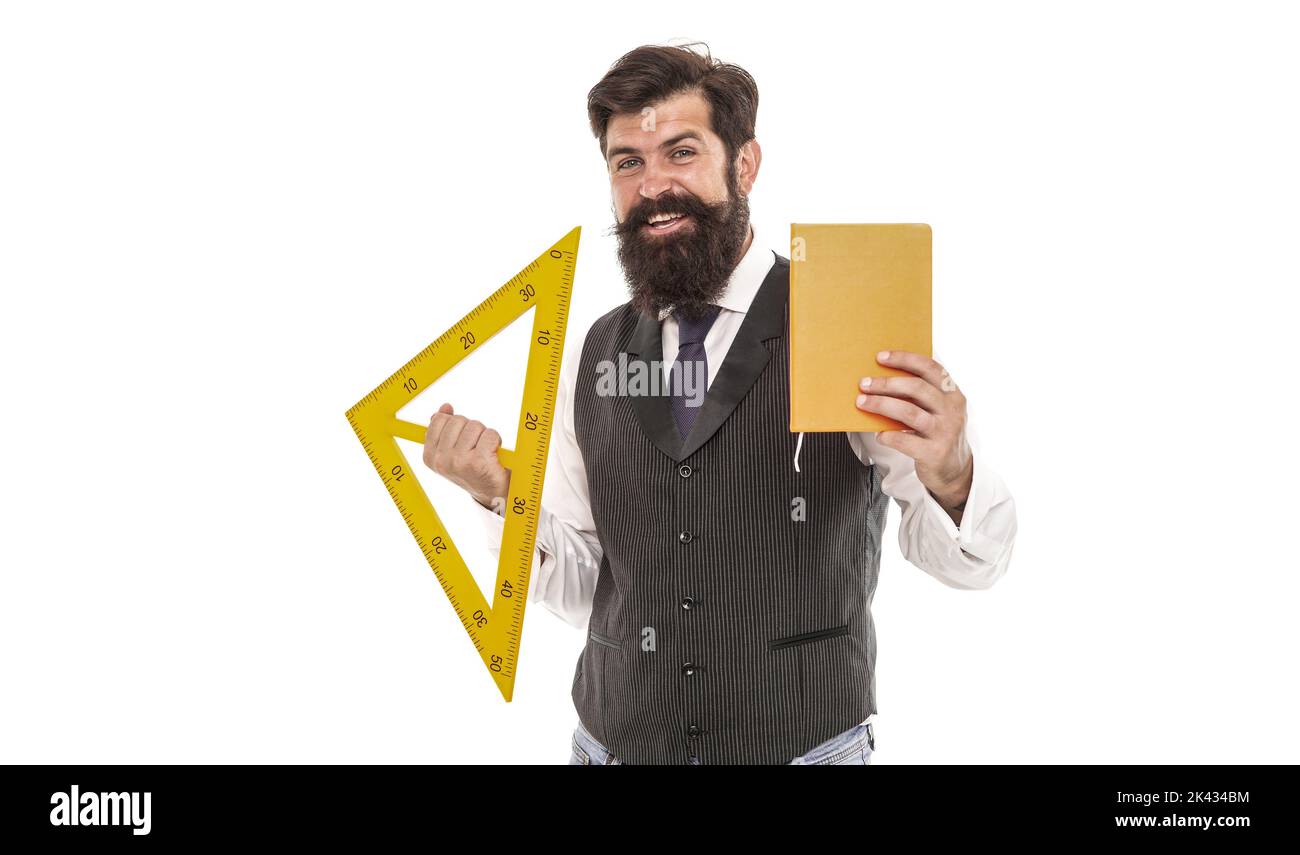 Teacher who can. Maths teacher isolated on white. Happy teacher hold triangle and book. Geometry lesson. Private teaching. Back to school. Home Stock Photo