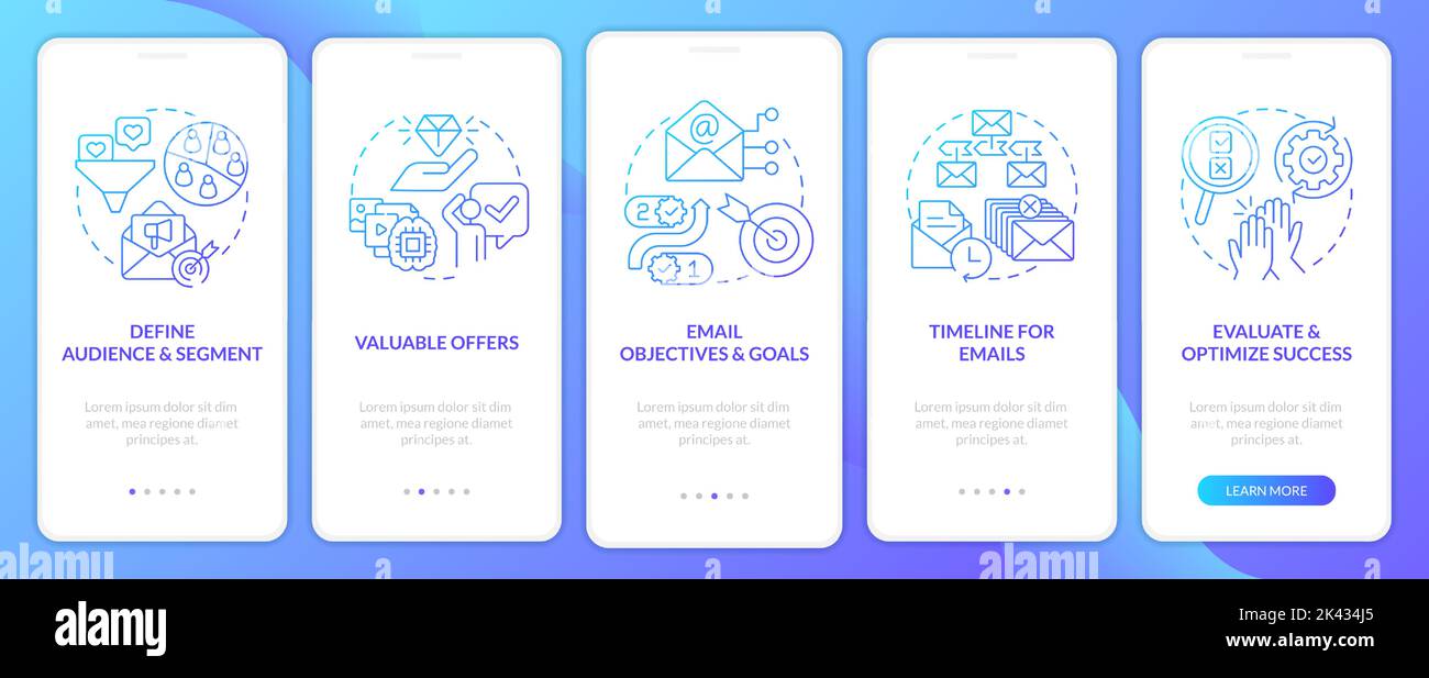 Lead nurturing campaign blue gradient onboarding mobile app screen Stock Vector