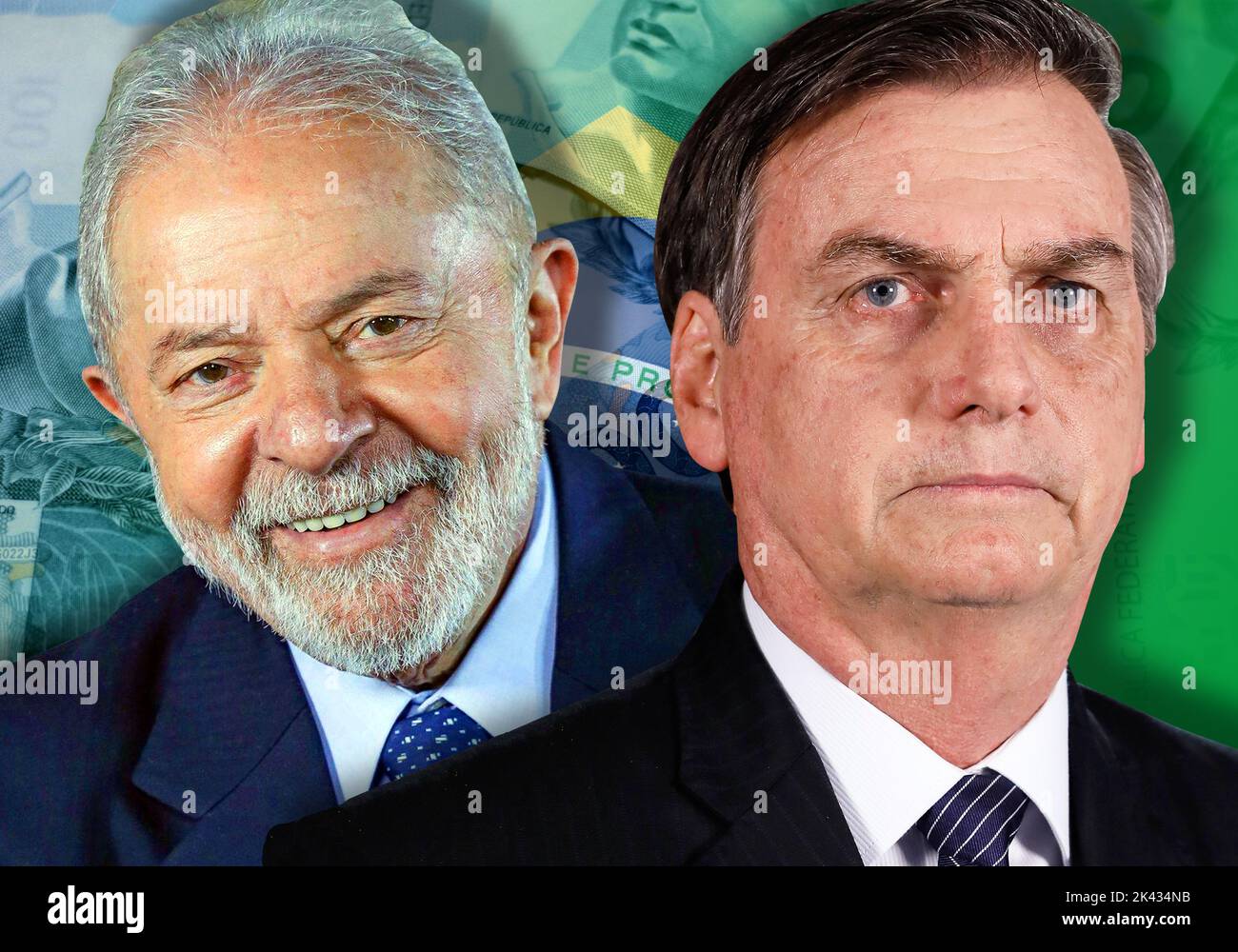 Lula da Silva and Jair Bolsonaro with Brazil flag and reais cash Stock ...